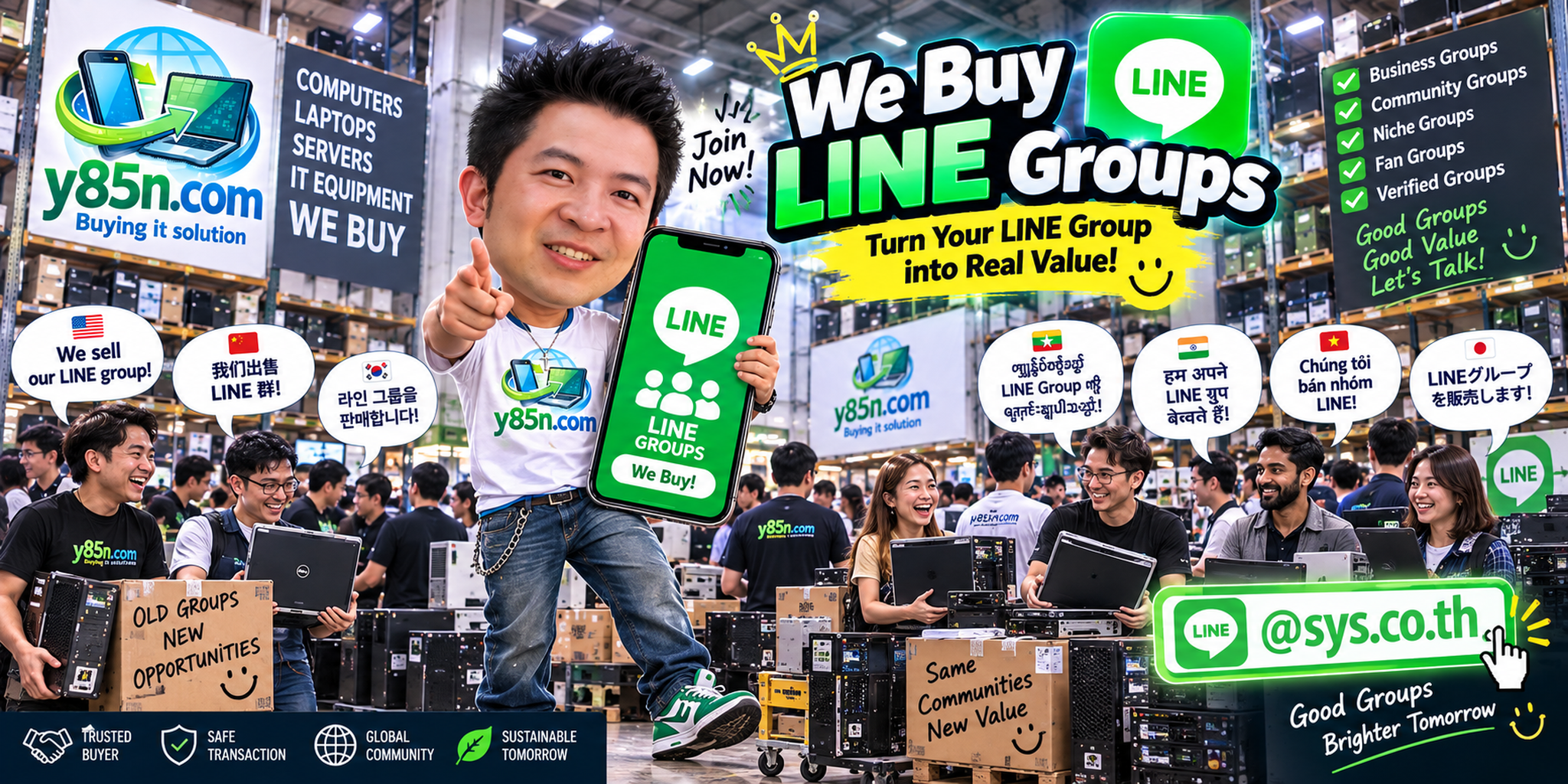 Busy Y85N.com warehouse style scene promoting professional LINE group buying and valuation in Thailand