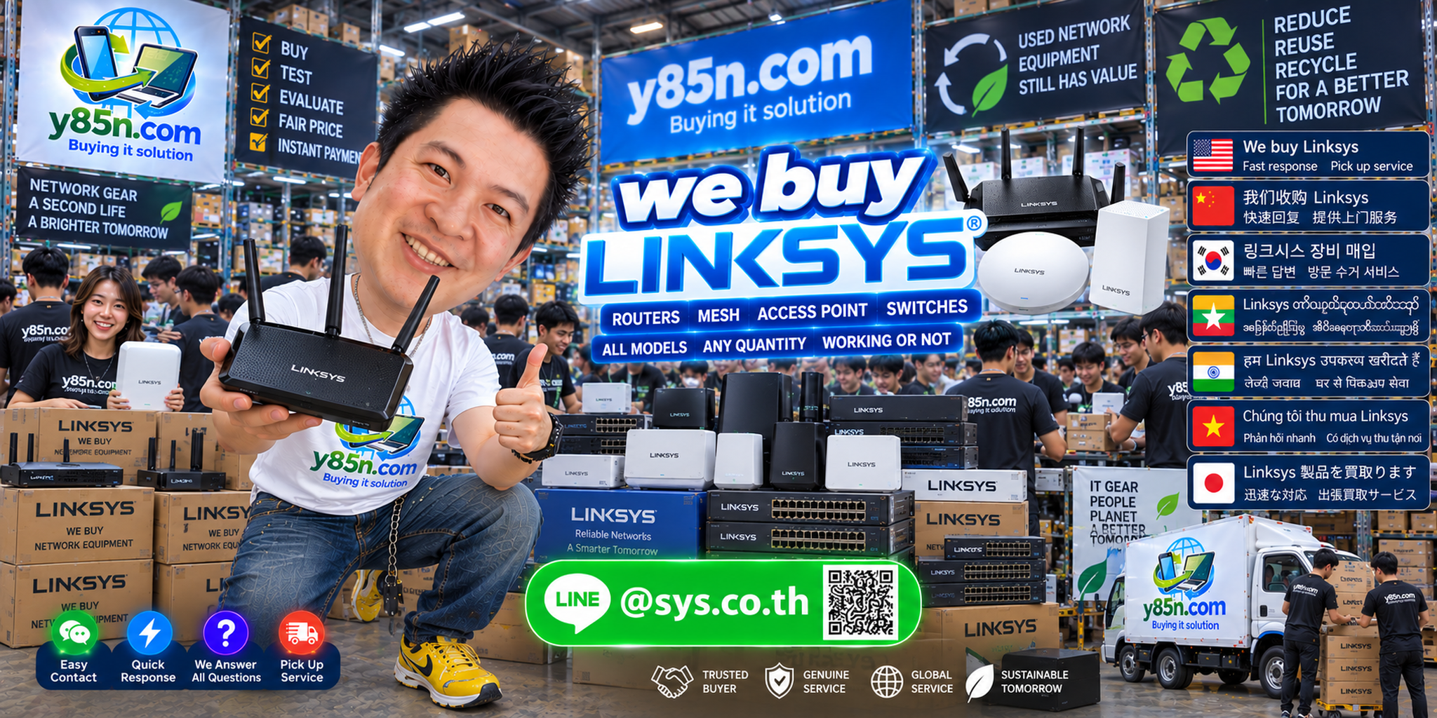 Y85N.com Linksys equipment buying contact banner with LINE at sys.co.th