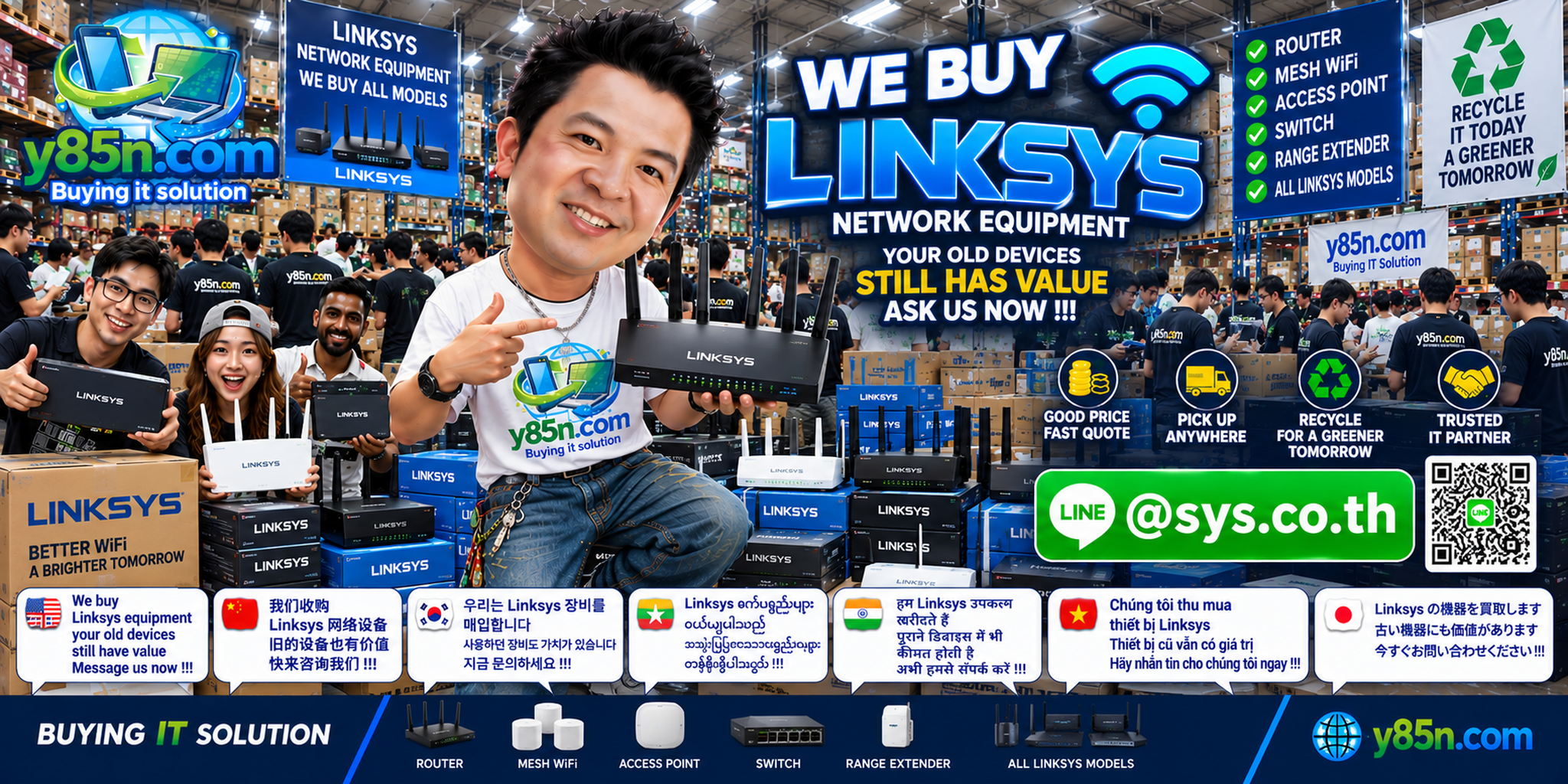 Busy Y85N.com warehouse buying used Linksys routers Velop mesh and network equipment in Thailand