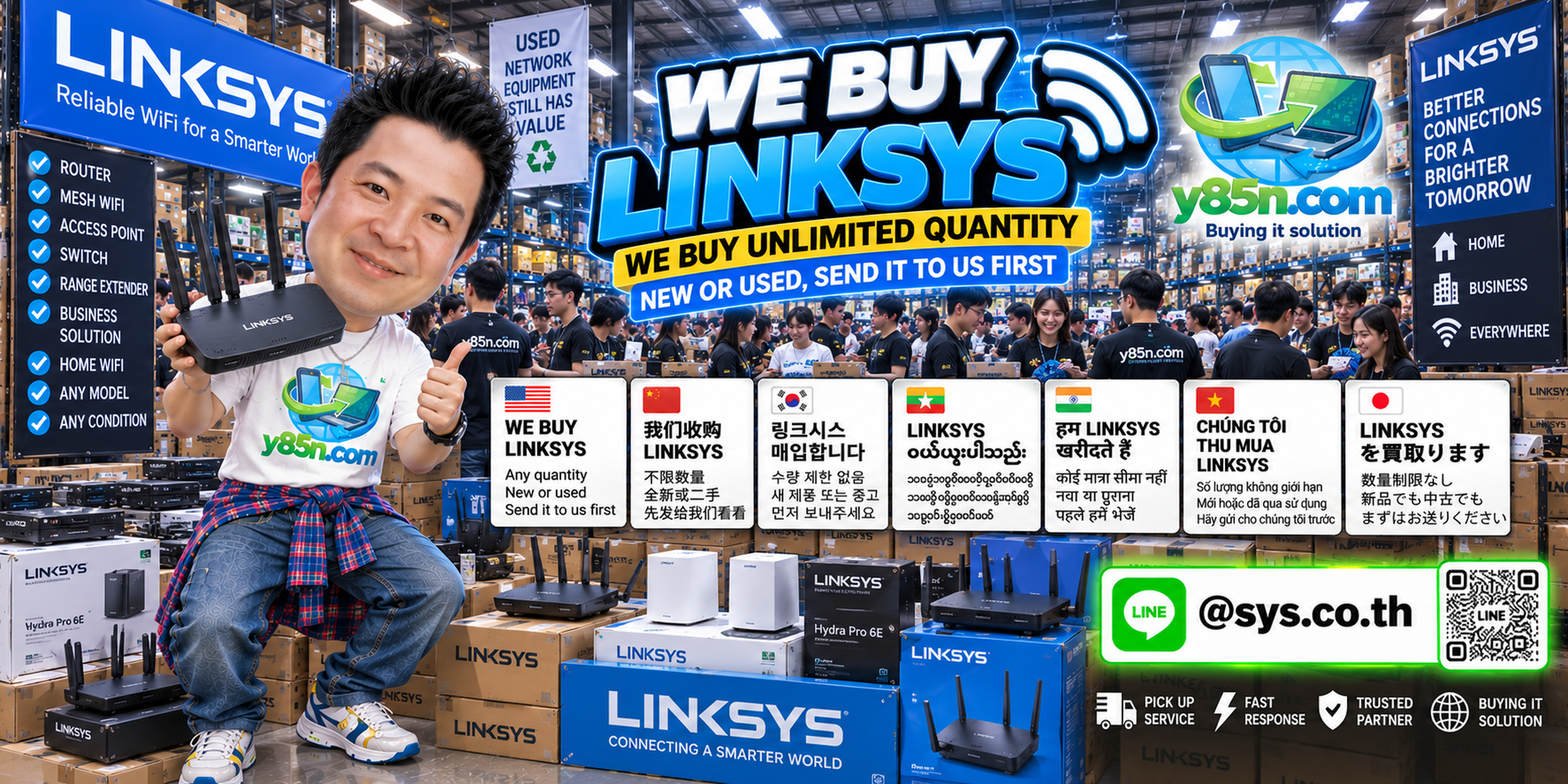 Y85N.com team and customers at a busy warehouse buying Linksys routers and network equipment