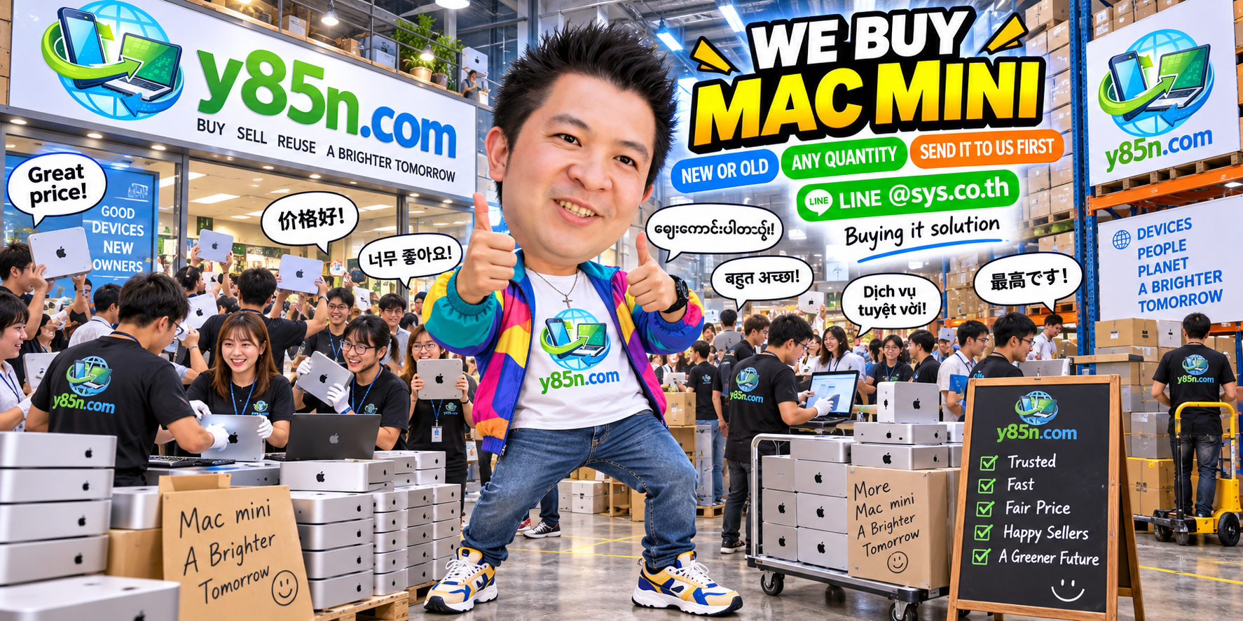 Y85N.com team and customers at a busy computer and IT equipment buying warehouse