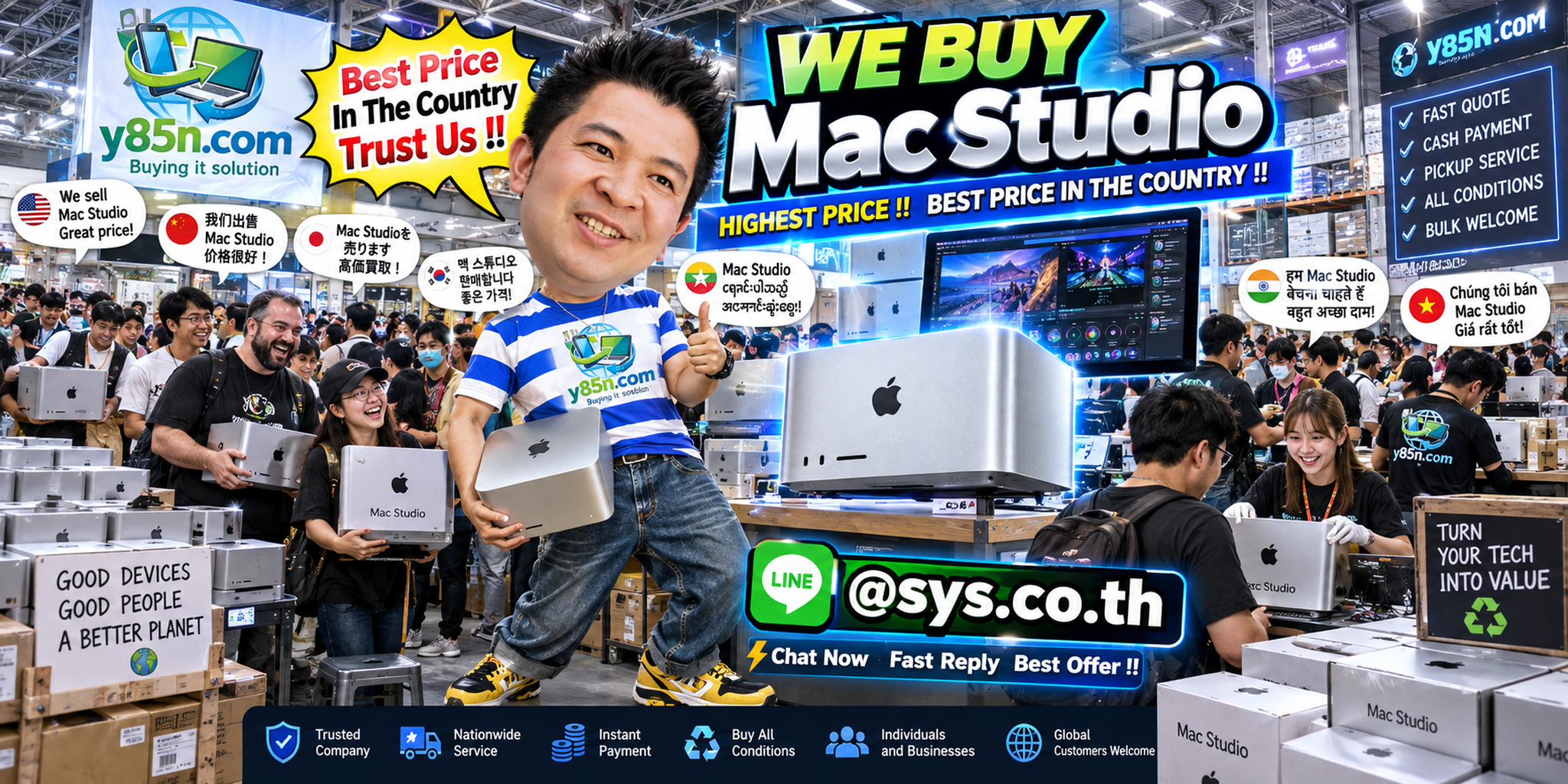 Y85N.com warehouse buying used Mac Studio systems with international seller messaging