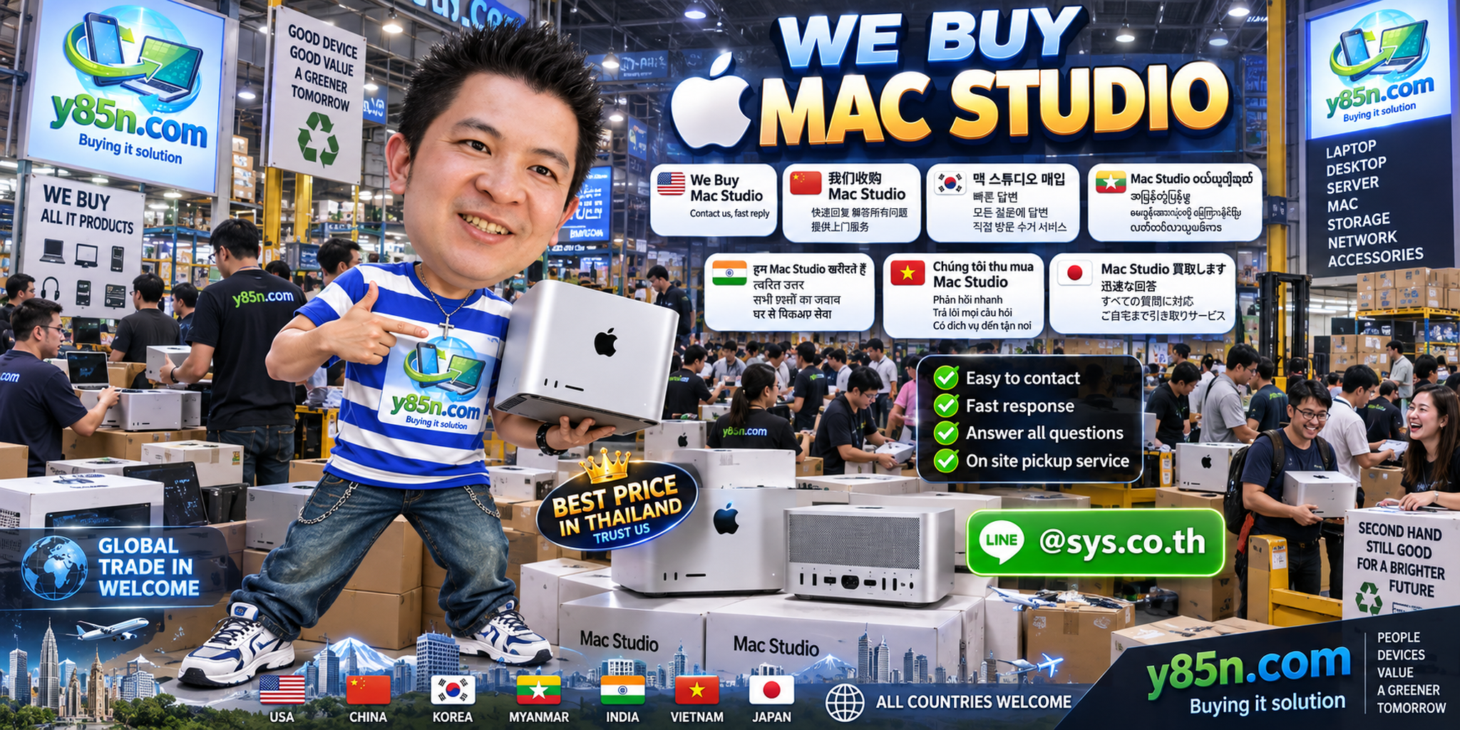 Y85N.com Mac Studio buying contact banner with LINE at sys.co.th