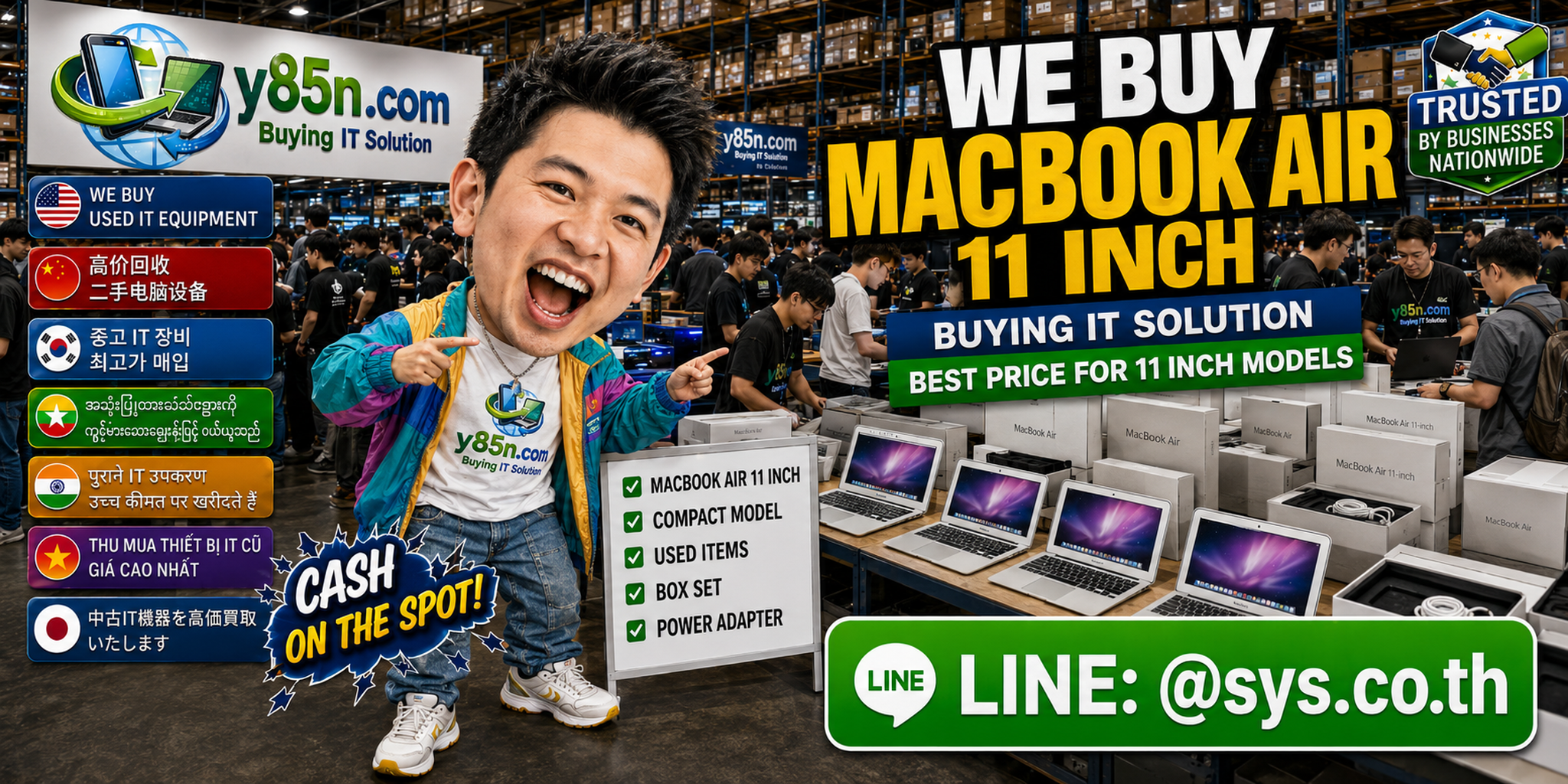 Y85N.com team and customers at a busy MacBook and IT equipment buying warehouse