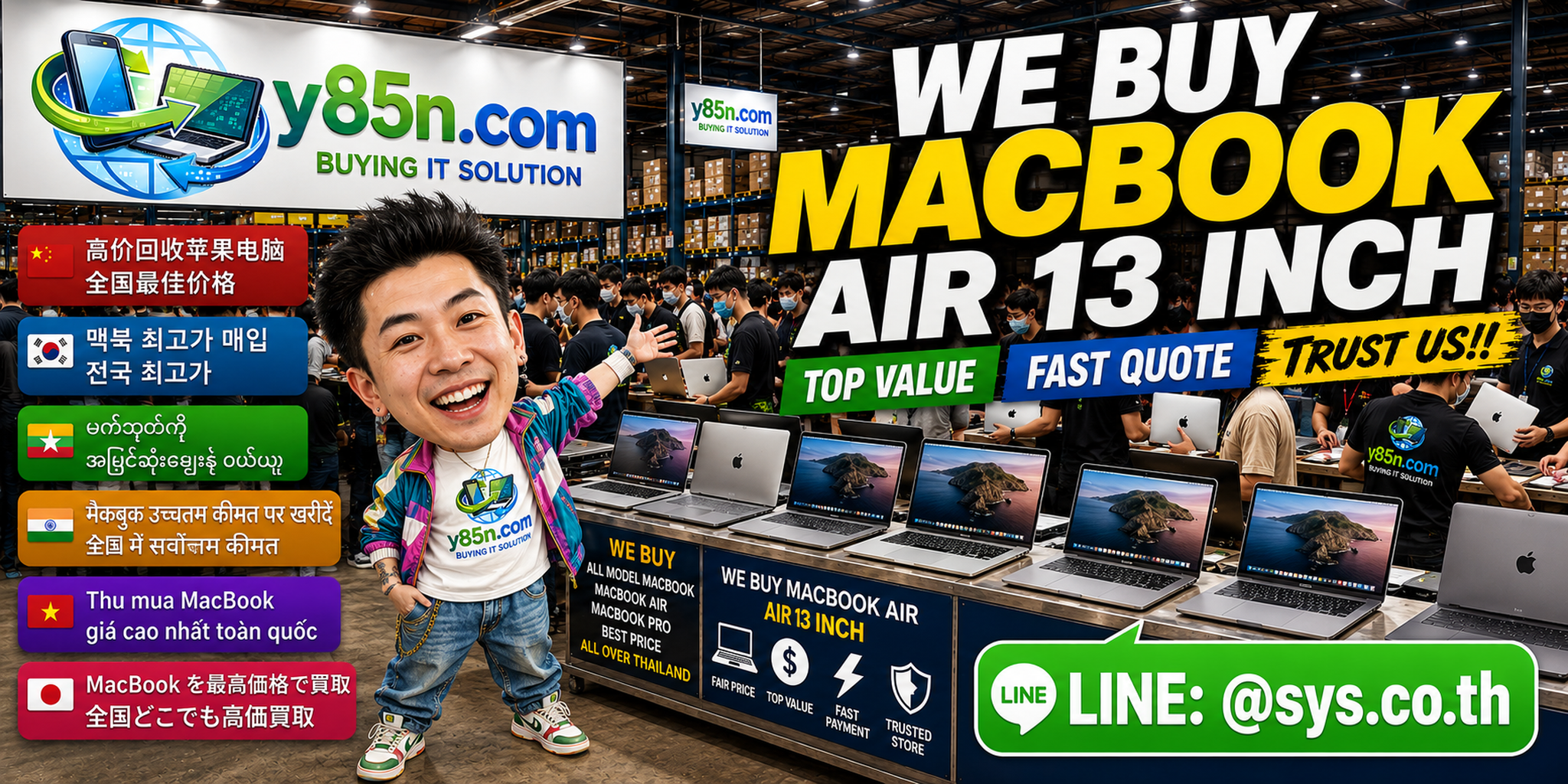 Y85N.com MacBook Air 13 inch buying service in a busy Thailand computer warehouse
