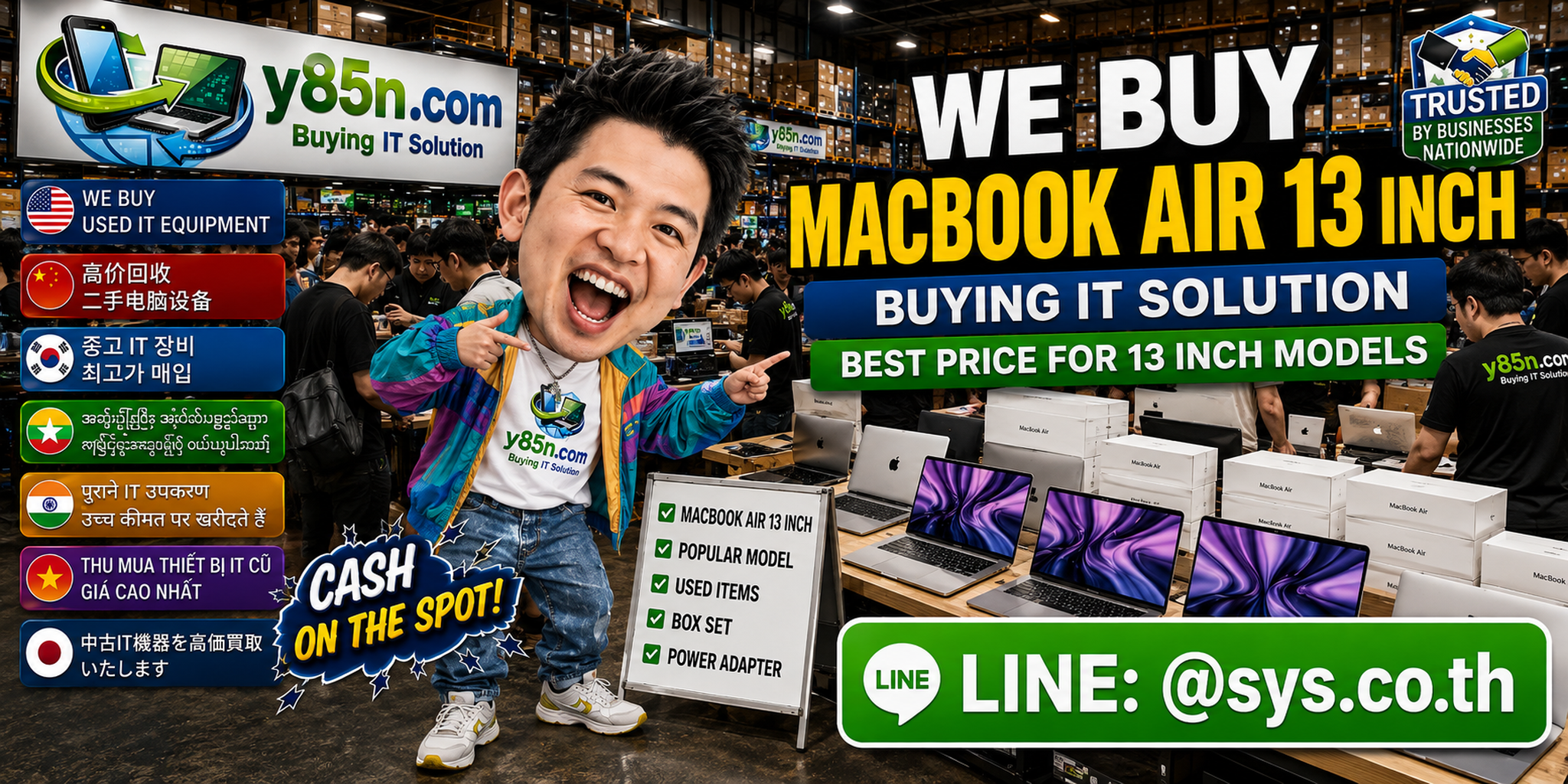 Y85N.com MacBook Air buyer team and customers in a busy computer warehouse