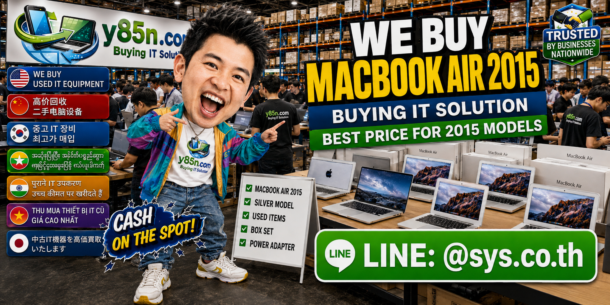 Y85N.com team handling MacBook Air 2015 buying in a busy computer warehouse