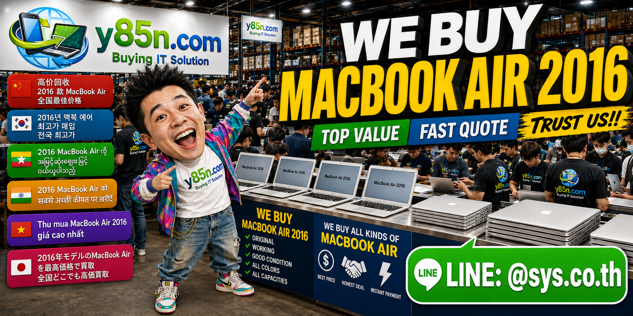 Y85N.com warehouse advertising a MacBook Air 2016 buying service in Thailand