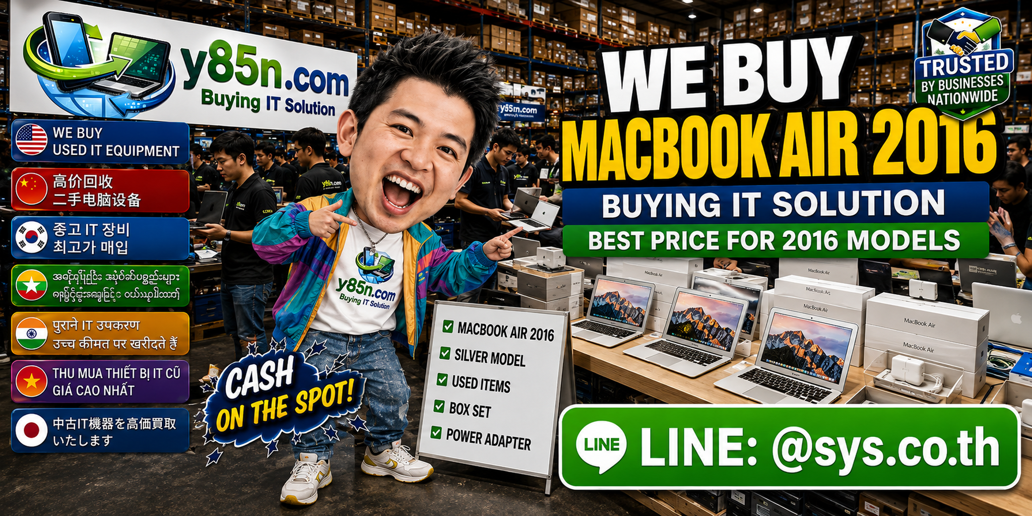 Y85N.com team handling MacBook Air 2016 and Apple laptop buying enquiries in a busy IT warehouse