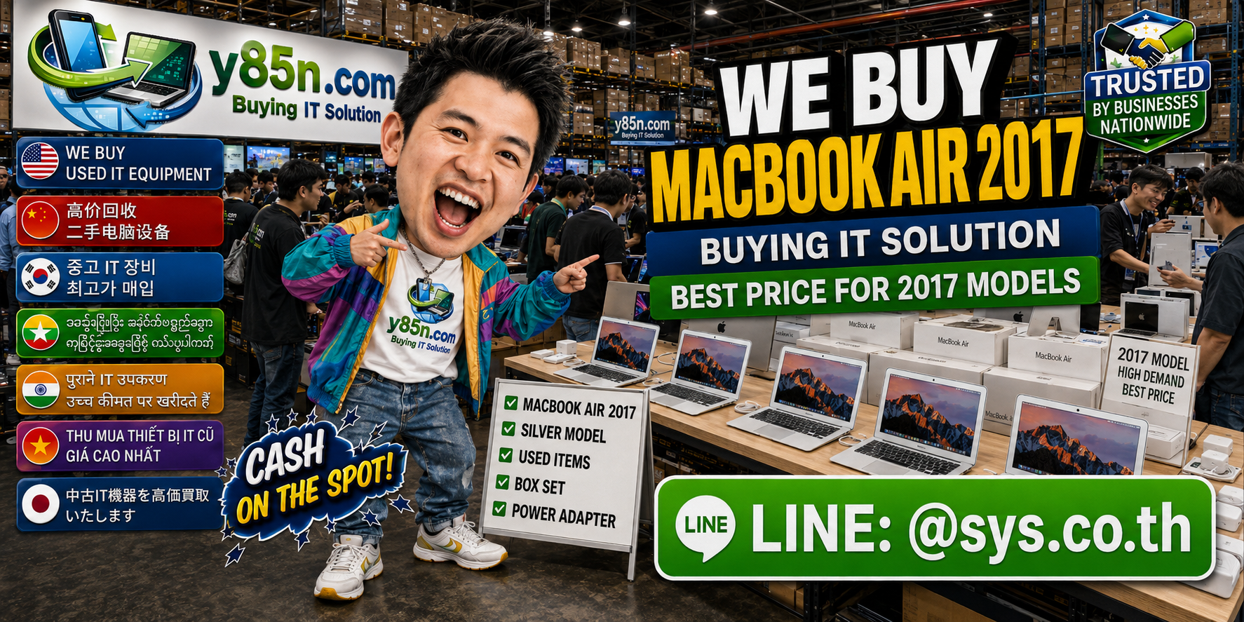 Busy Y85N.com warehouse evaluating MacBook Air 2017 computers and mixed Apple notebook lots