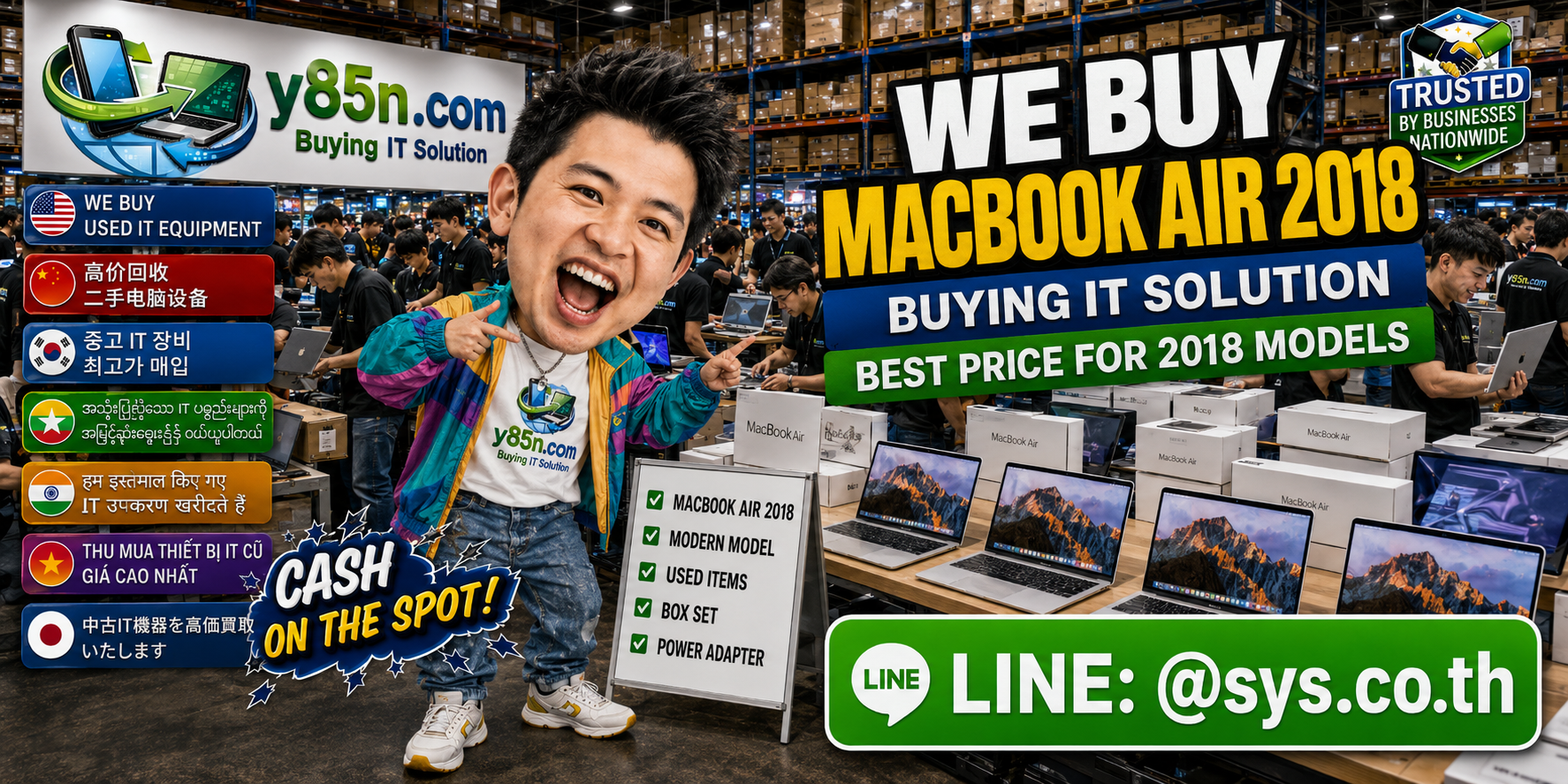 Y85N.com team buying MacBook Air 2018 units at a busy computer warehouse in Thailand