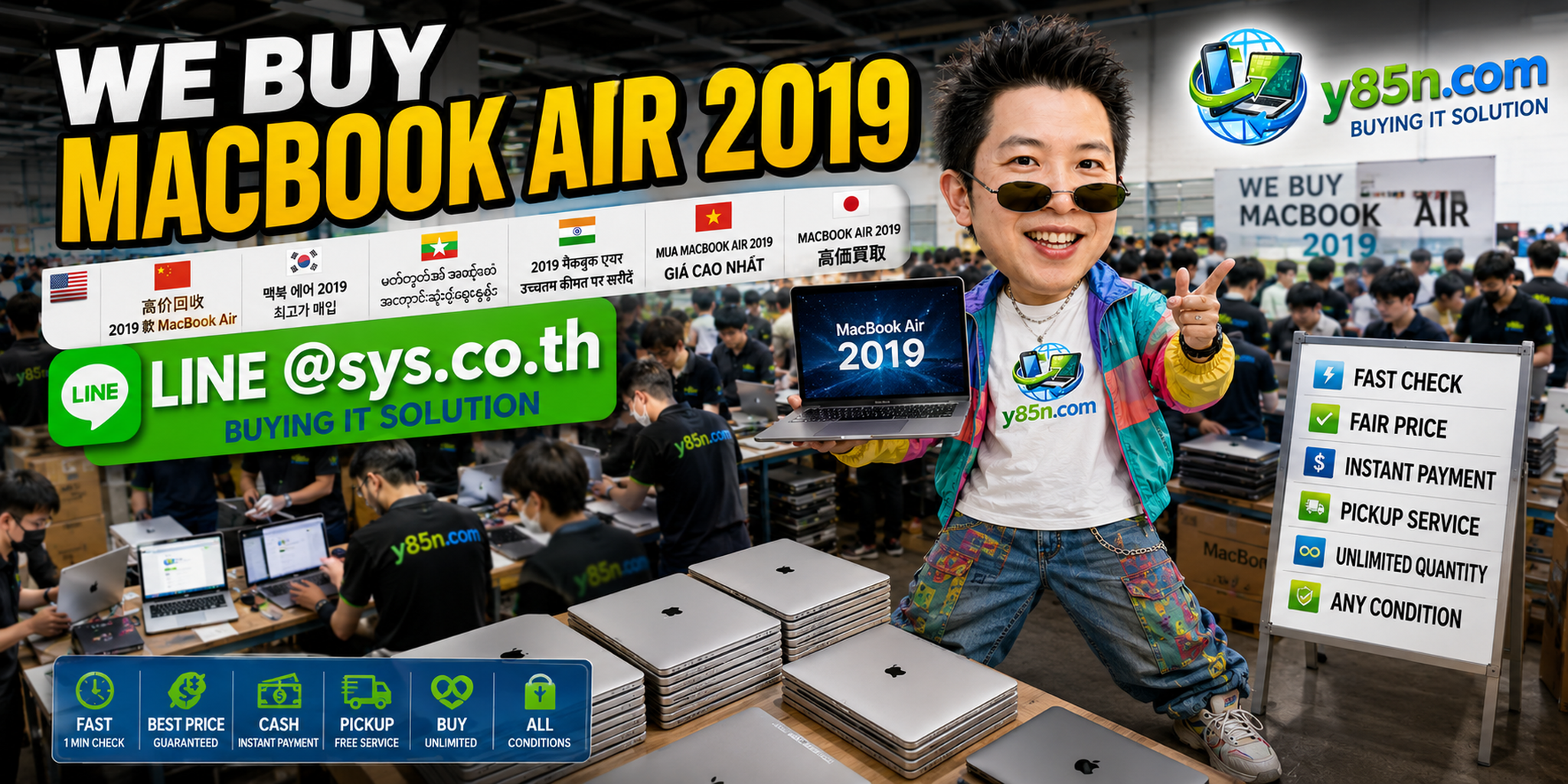 Y85N.com warehouse buying used and bulk MacBook Air 2019 devices with international seller support