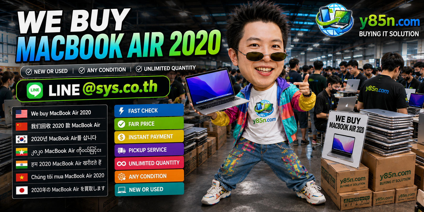 Busy Y85N.com warehouse buying MacBook Air 2020 computers in Thailand
