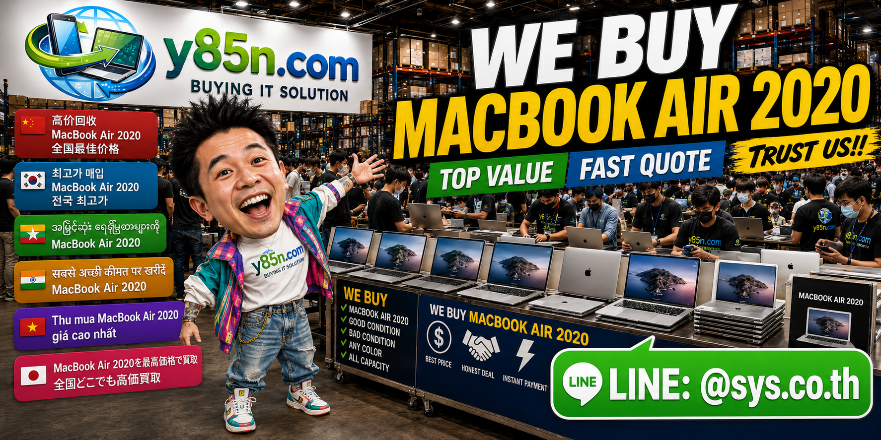 Y85N.com team handling MacBook Air 2020 buying in a busy computer warehouse