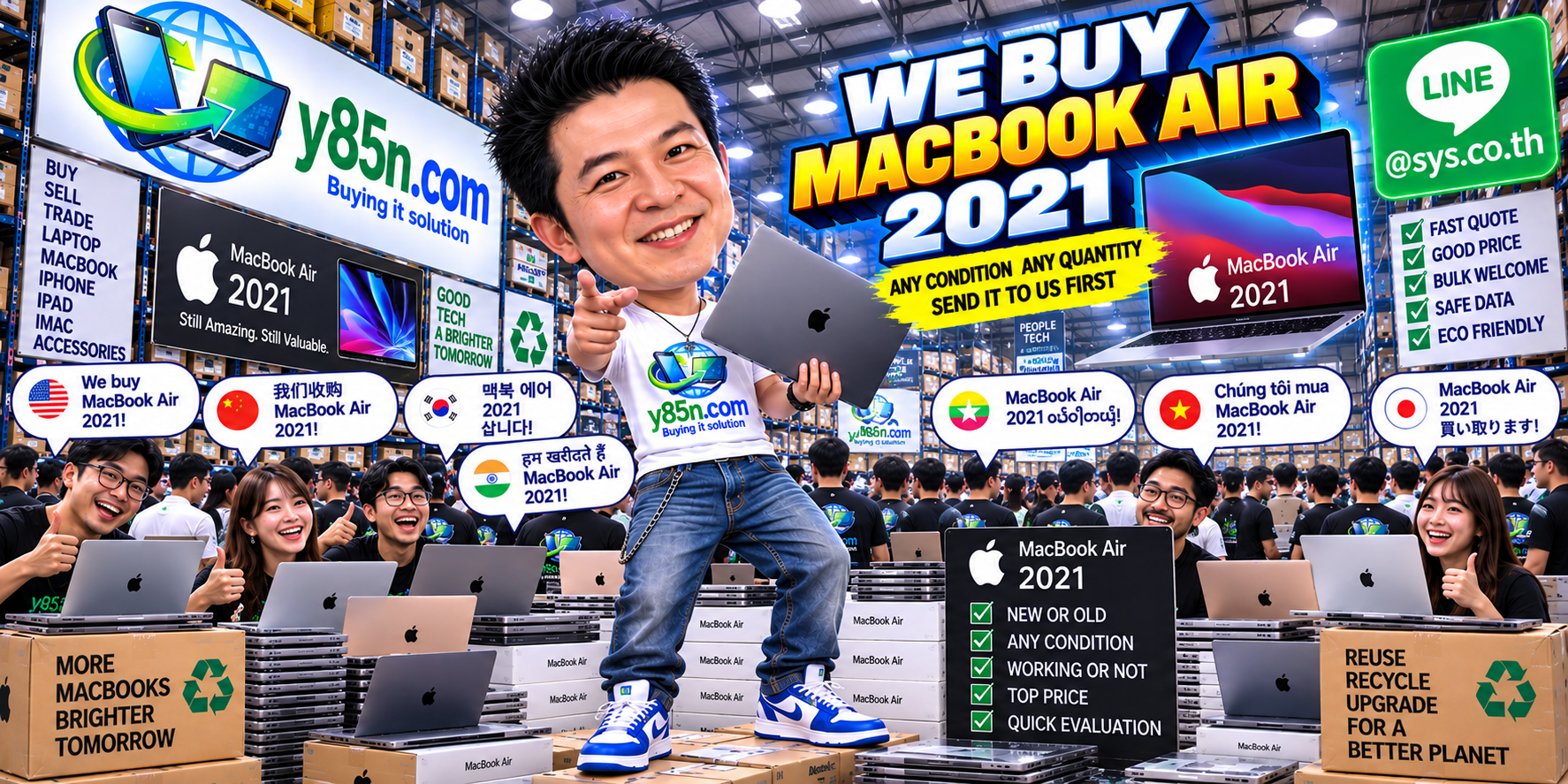 Y85N.com team and customers at a busy computer and IT equipment buying warehouse