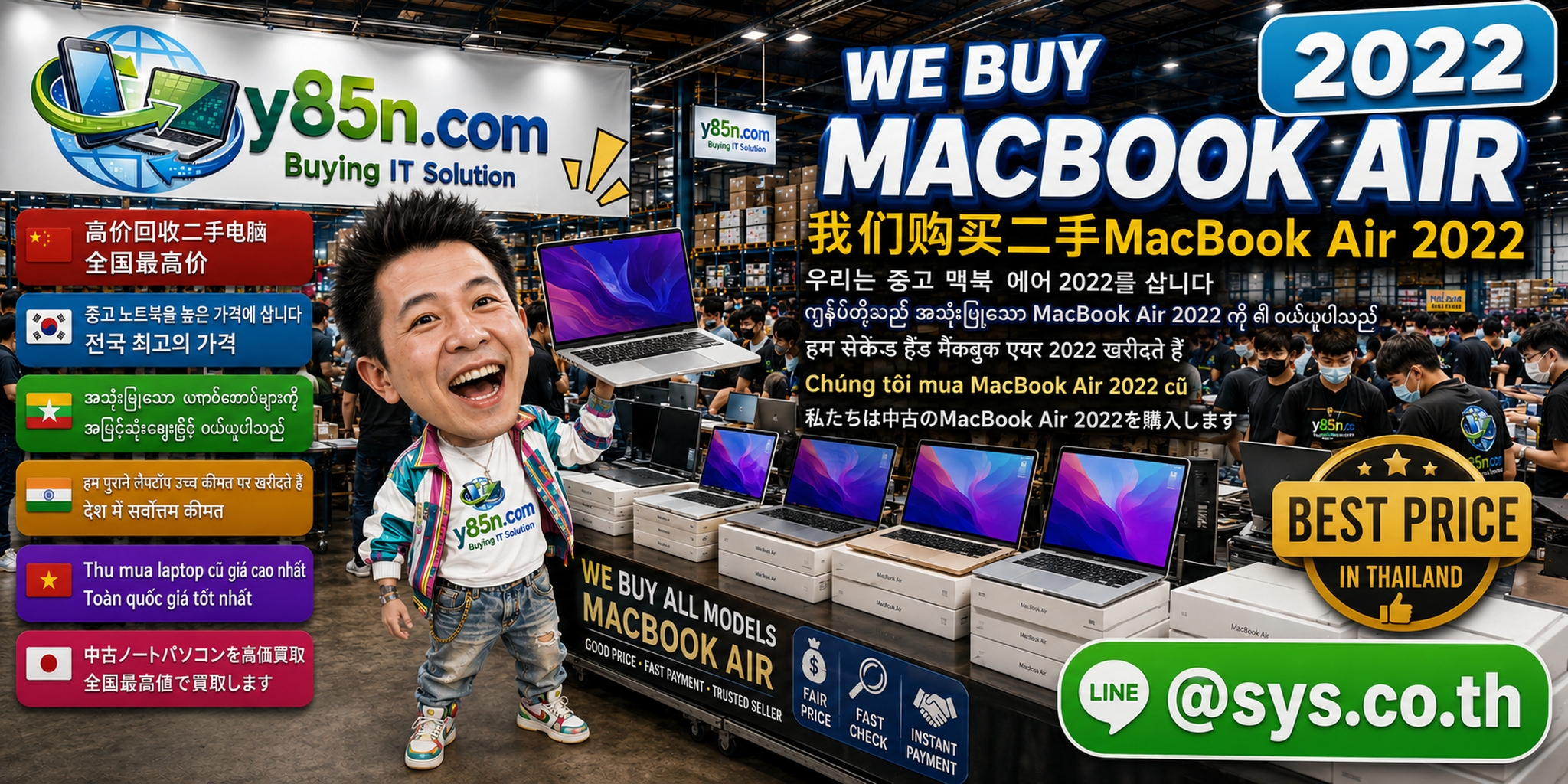 Y85N.com MacBook Air 2022 buying service in a busy IT warehouse in Thailand