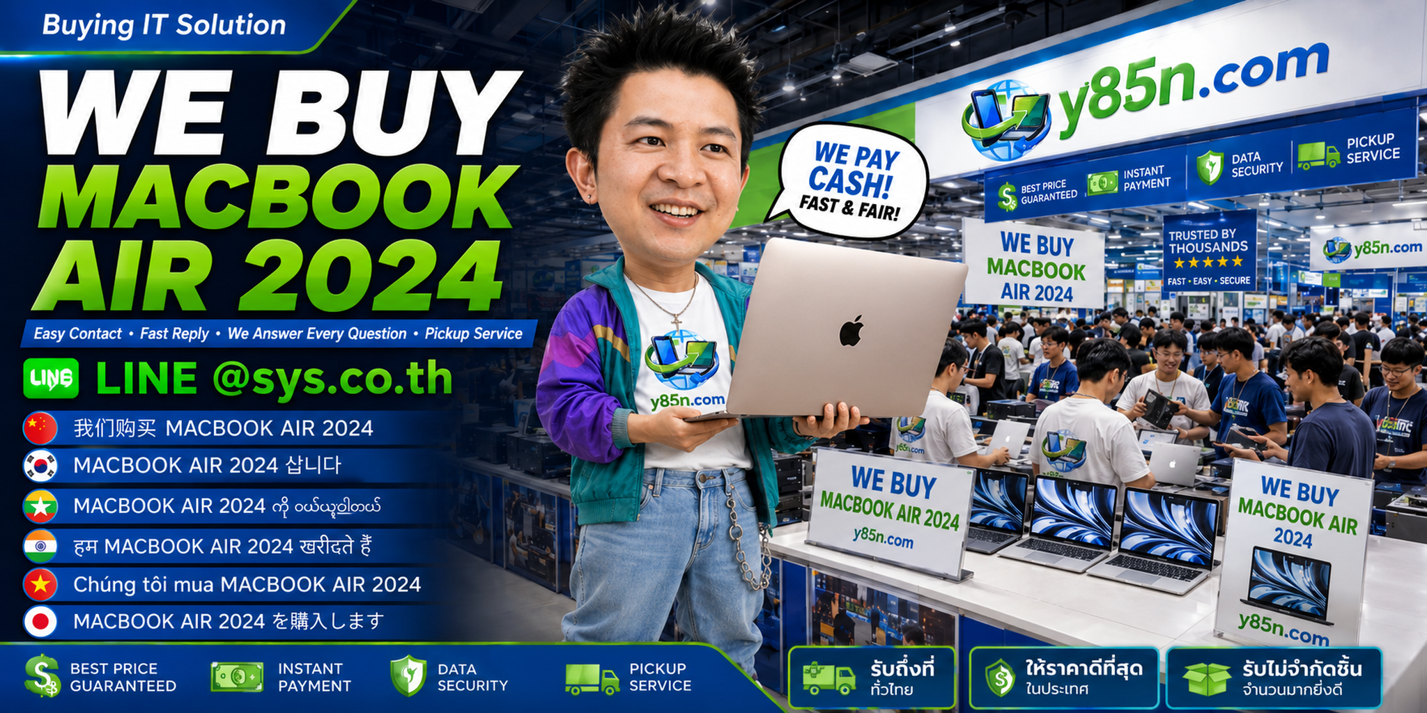 Y85N.com MacBook Air 2024 buying service contact banner with LINE at sys.co.th