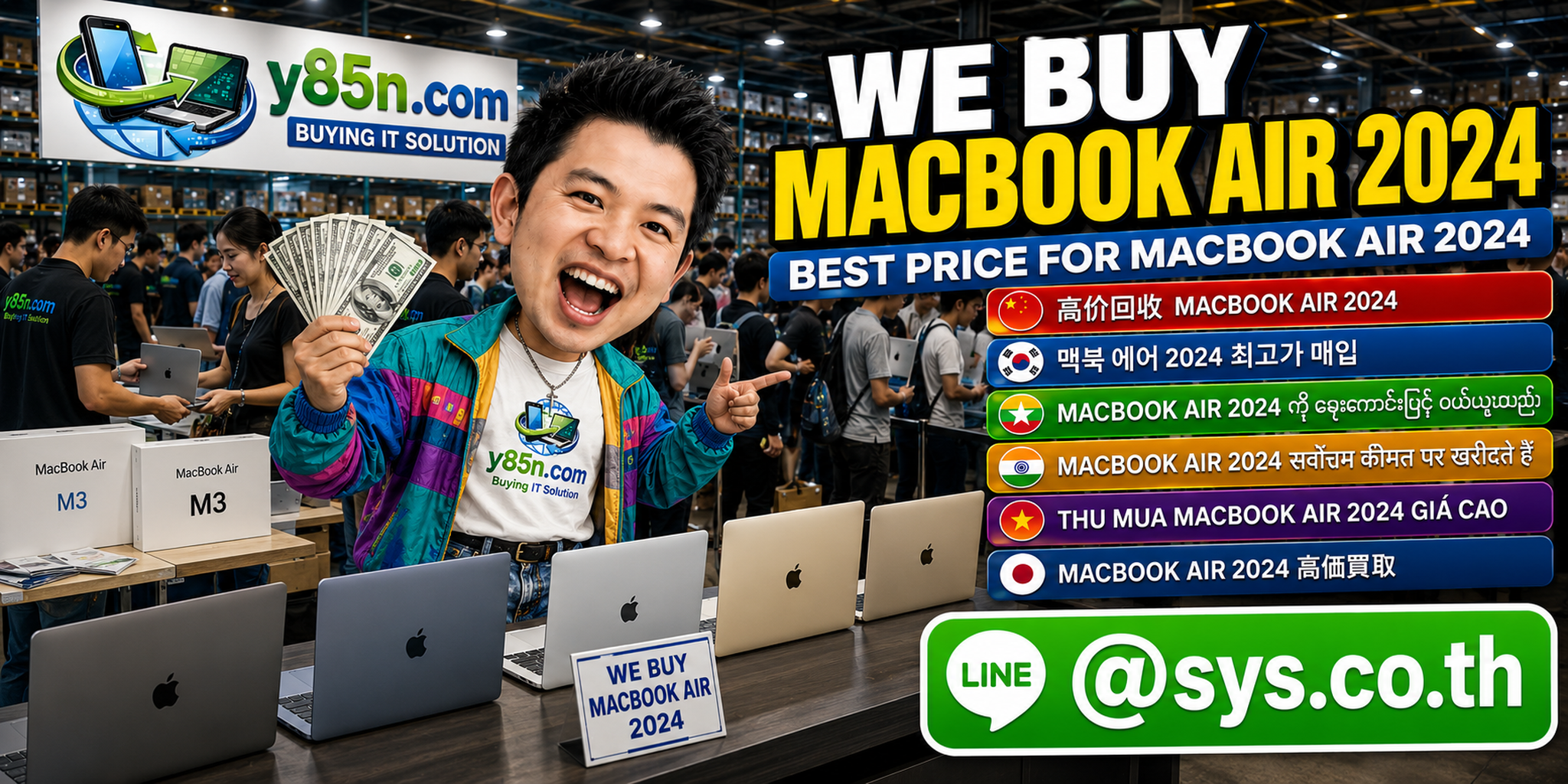 Y85N.com team and customers at a busy MacBook Air 2024 buying warehouse