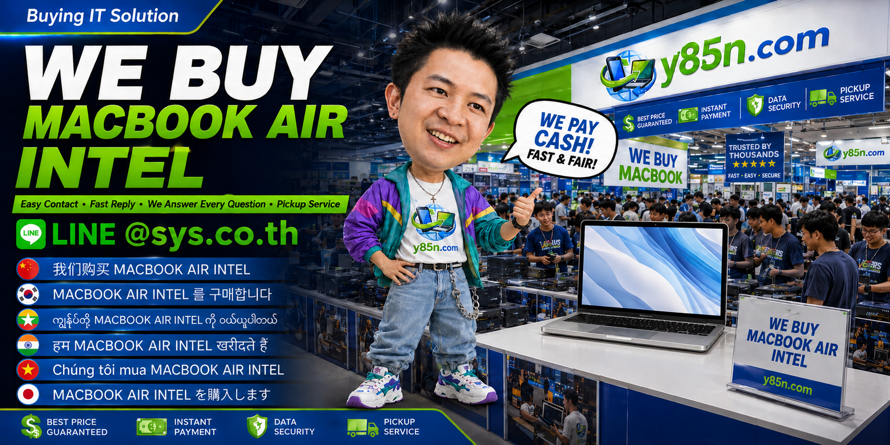 Y85N.com team and customers at a busy computer and IT equipment buying warehouse