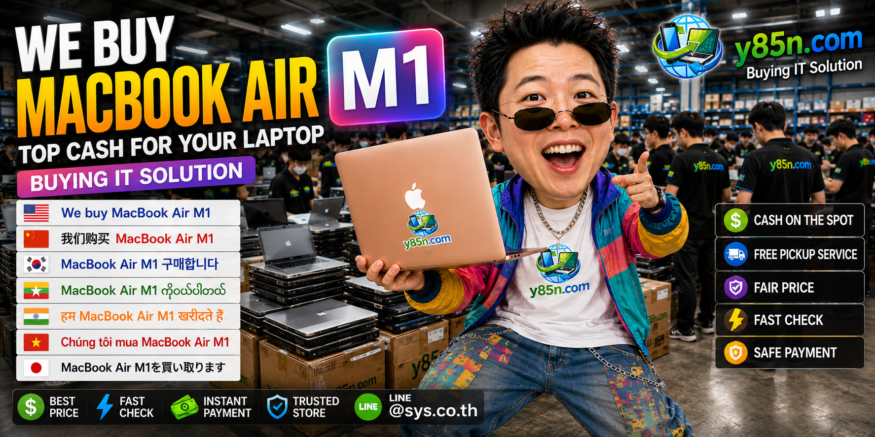 Y85N.com warehouse buying used MacBook Air M1 and Apple computers in Thailand