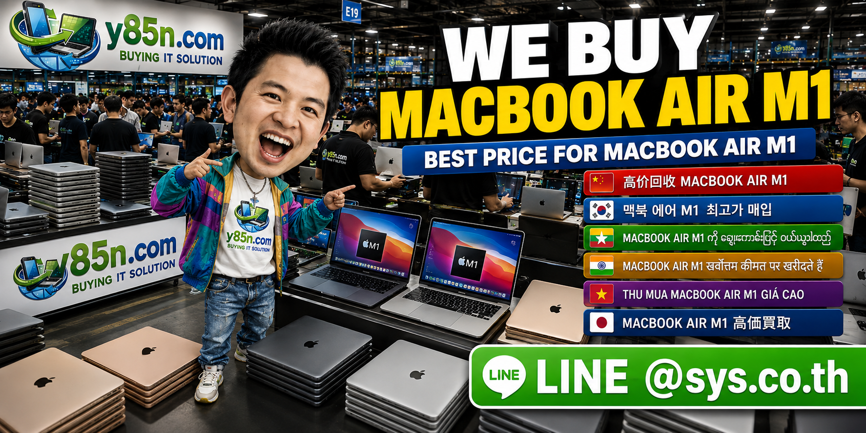 Busy Y85N.com warehouse evaluating MacBook Air M1 computers and mixed Apple notebook lots