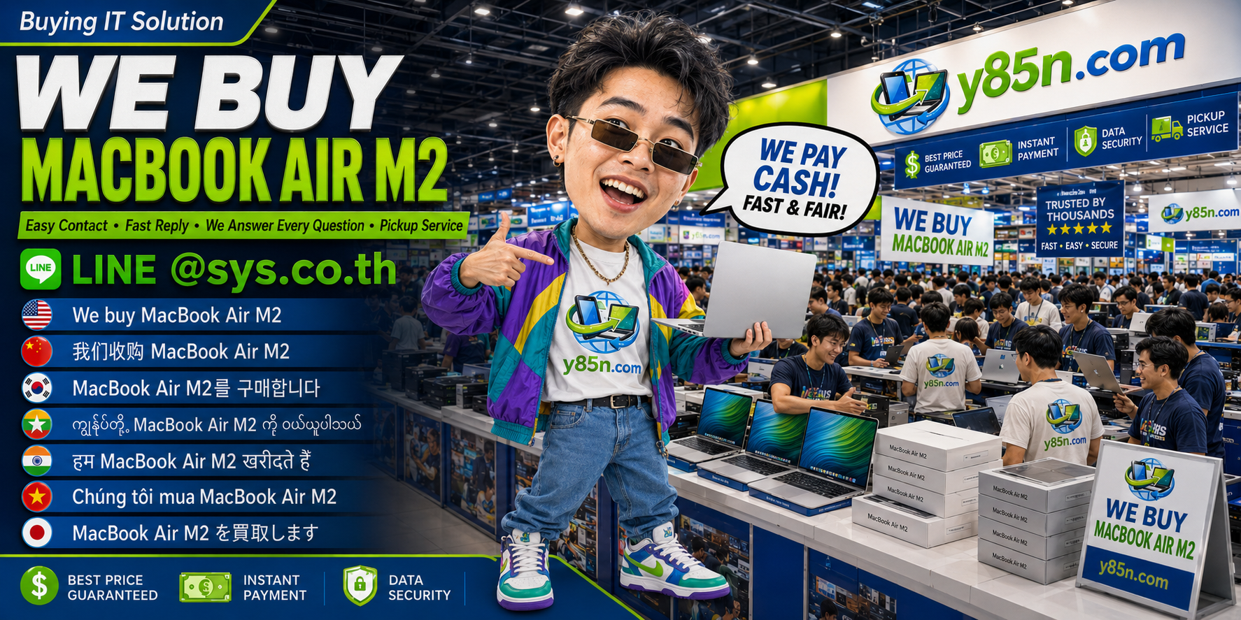 Y85N.com MacBook Air M2 buying contact banner with LINE at sys.co.th
