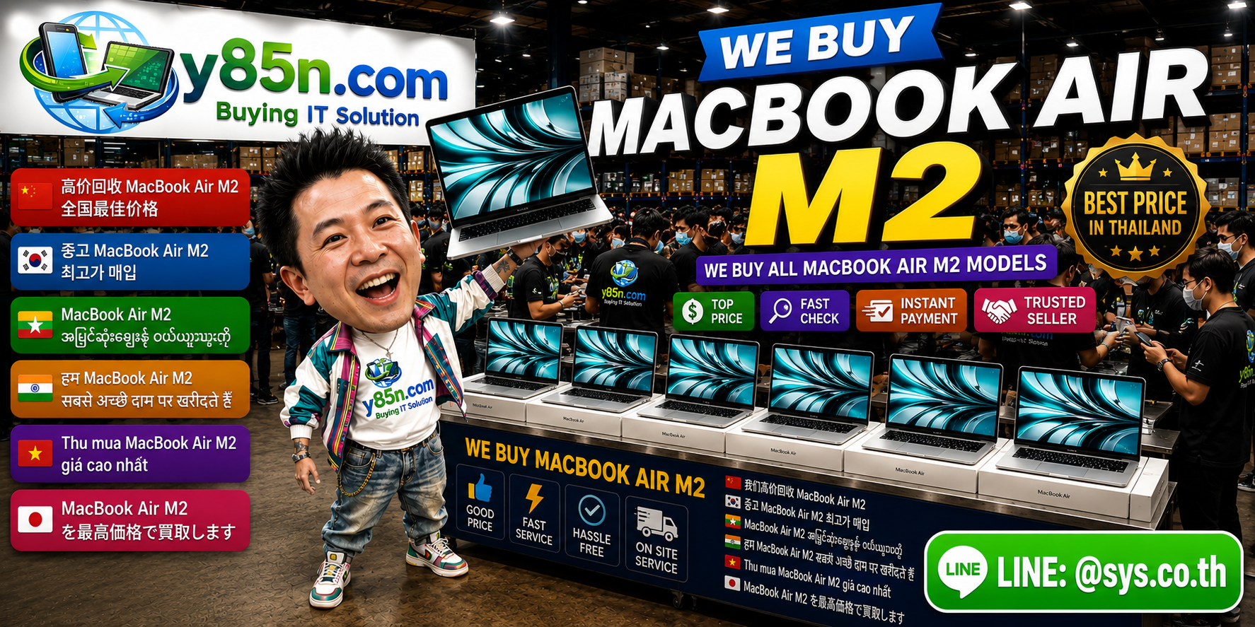 Y85N.com MacBook Air M2 buying service in a busy computer warehouse in Thailand