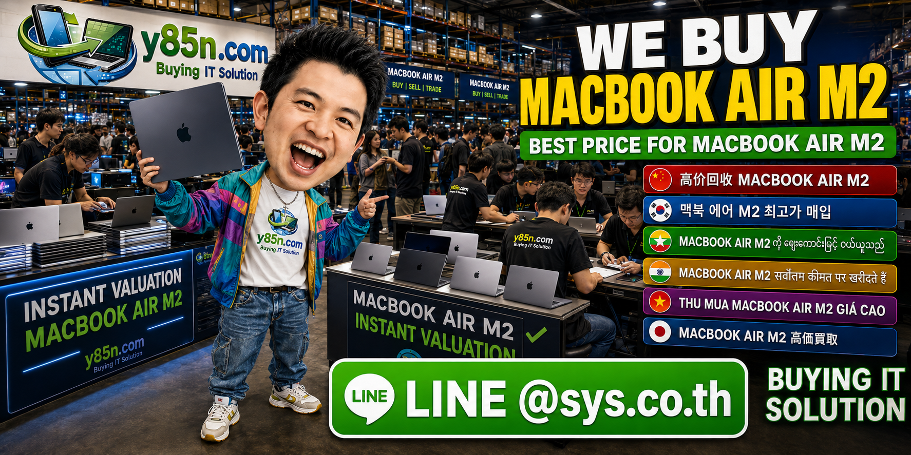 Y85N.com MacBook Air M2 buyers and sellers in a busy IT warehouse in Thailand
