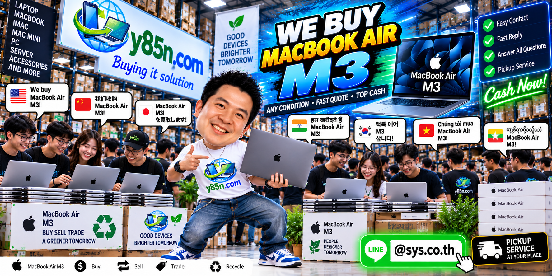 Y85N.com MacBook Air M3 buying service contact banner with LINE at sys.co.th