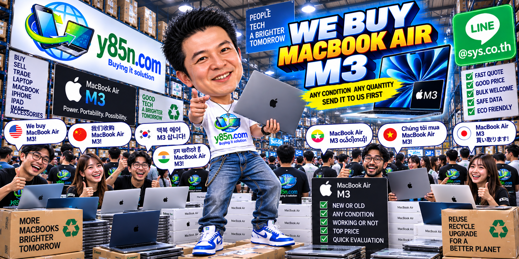 Y85N.com team and customers at a busy MacBook Air M3 buying warehouse