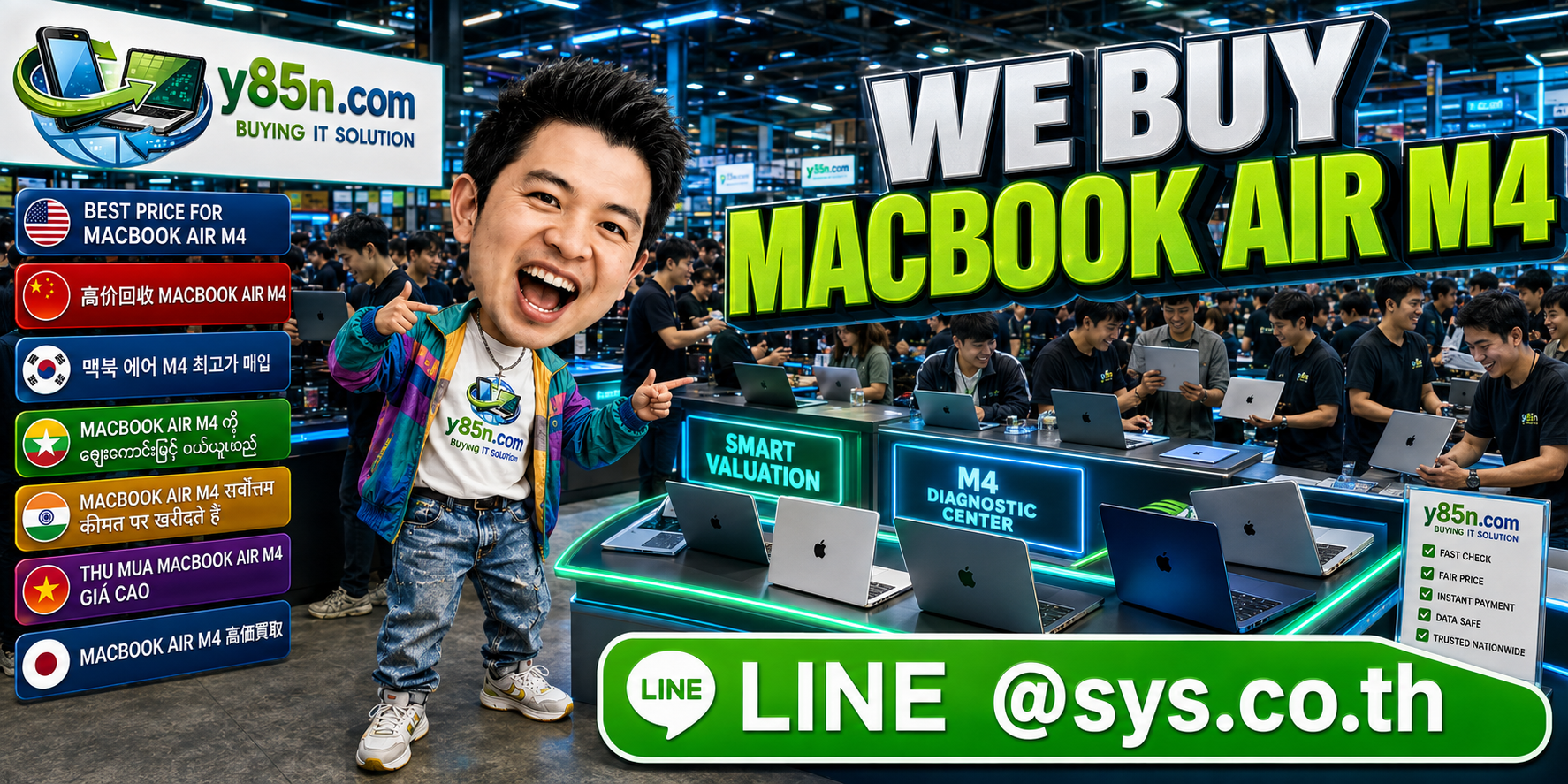 Busy Y85N.com MacBook Air M4 buying warehouse with customers and staff
