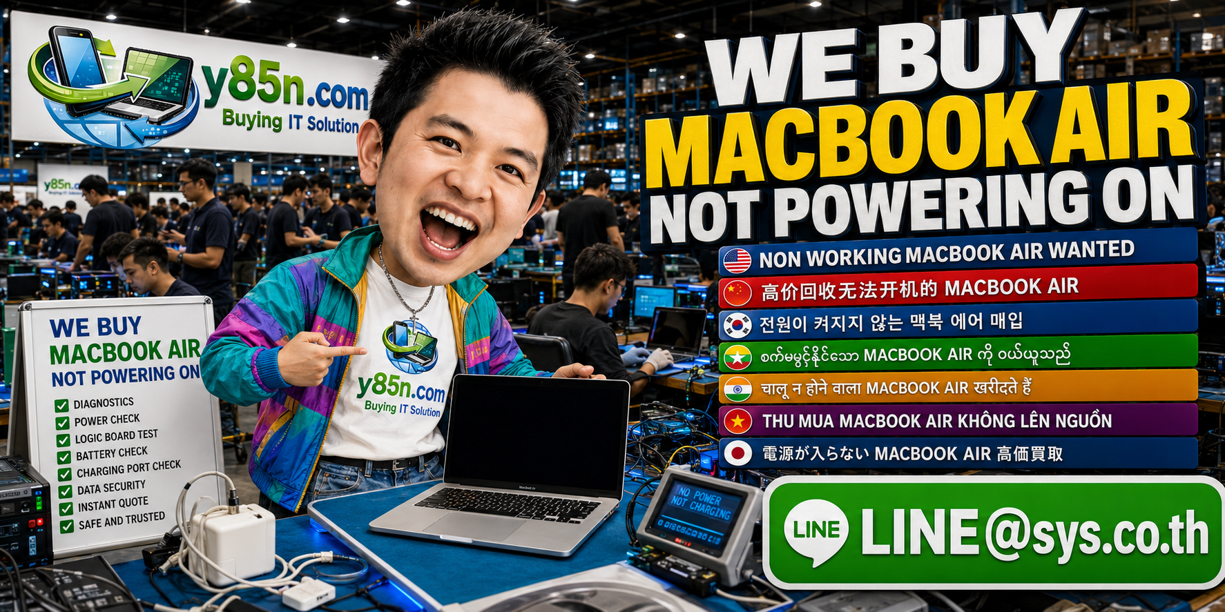 Busy Y85N.com warehouse reviewing used and non powering MacBook Air devices