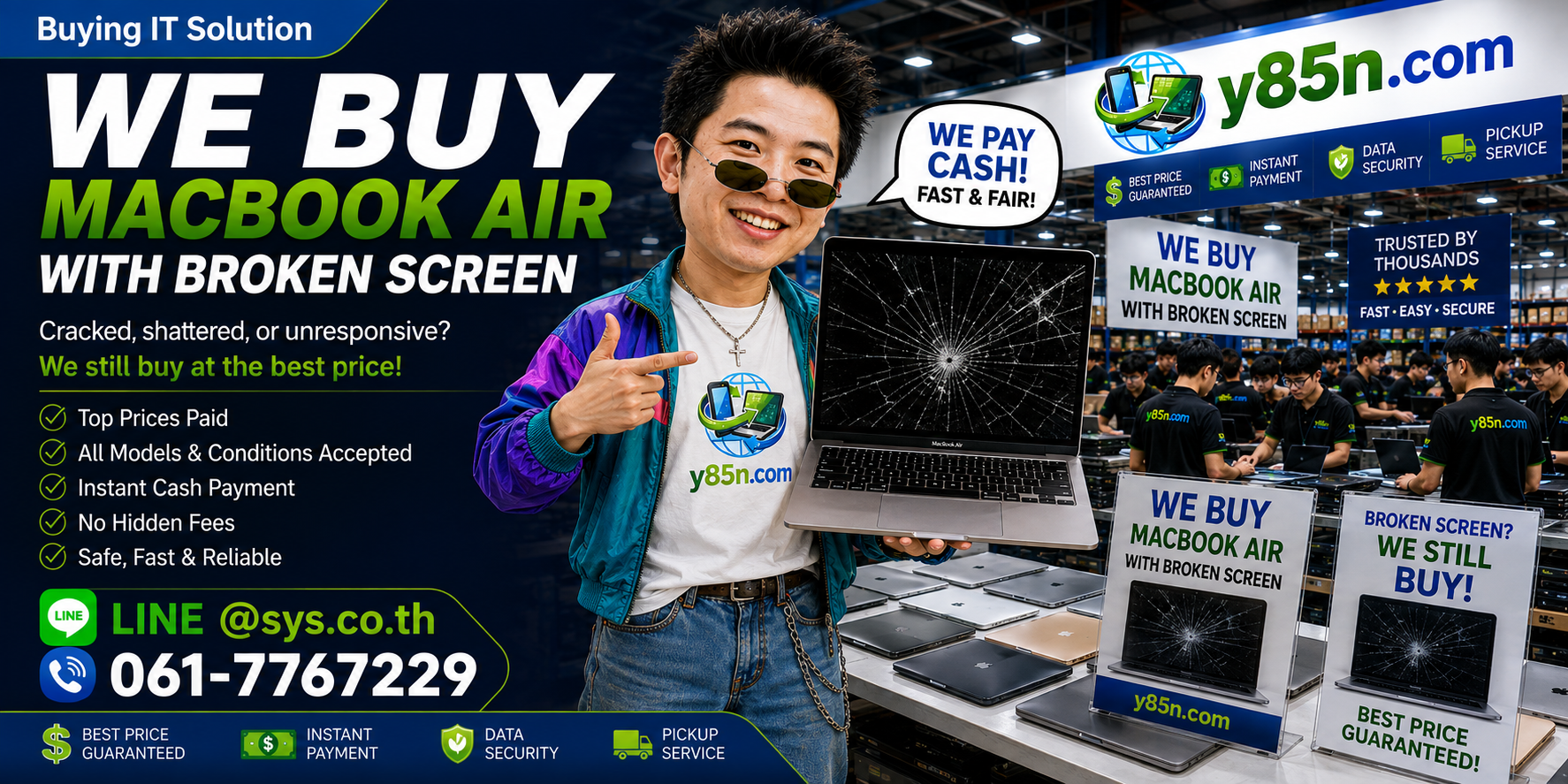 Y85N.com buying MacBook Air computers with broken screens in a busy Thailand warehouse