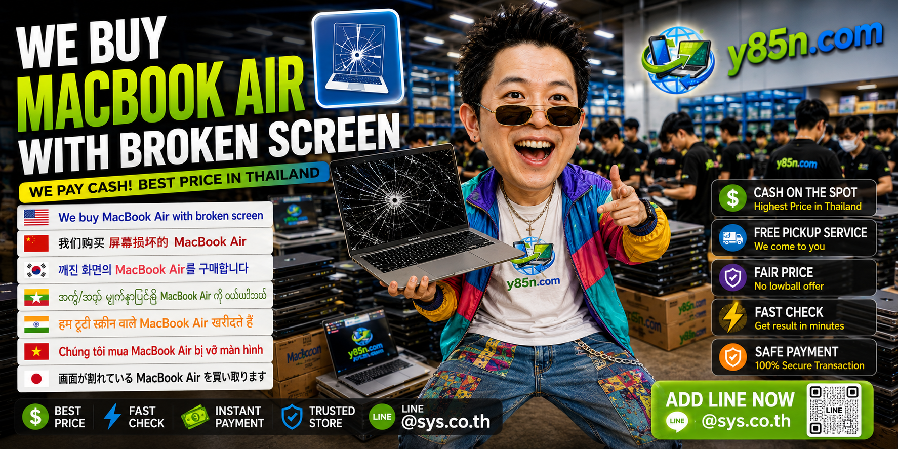 Y85N.com broken screen MacBook Air buying service contact banner with LINE at sys.co.th