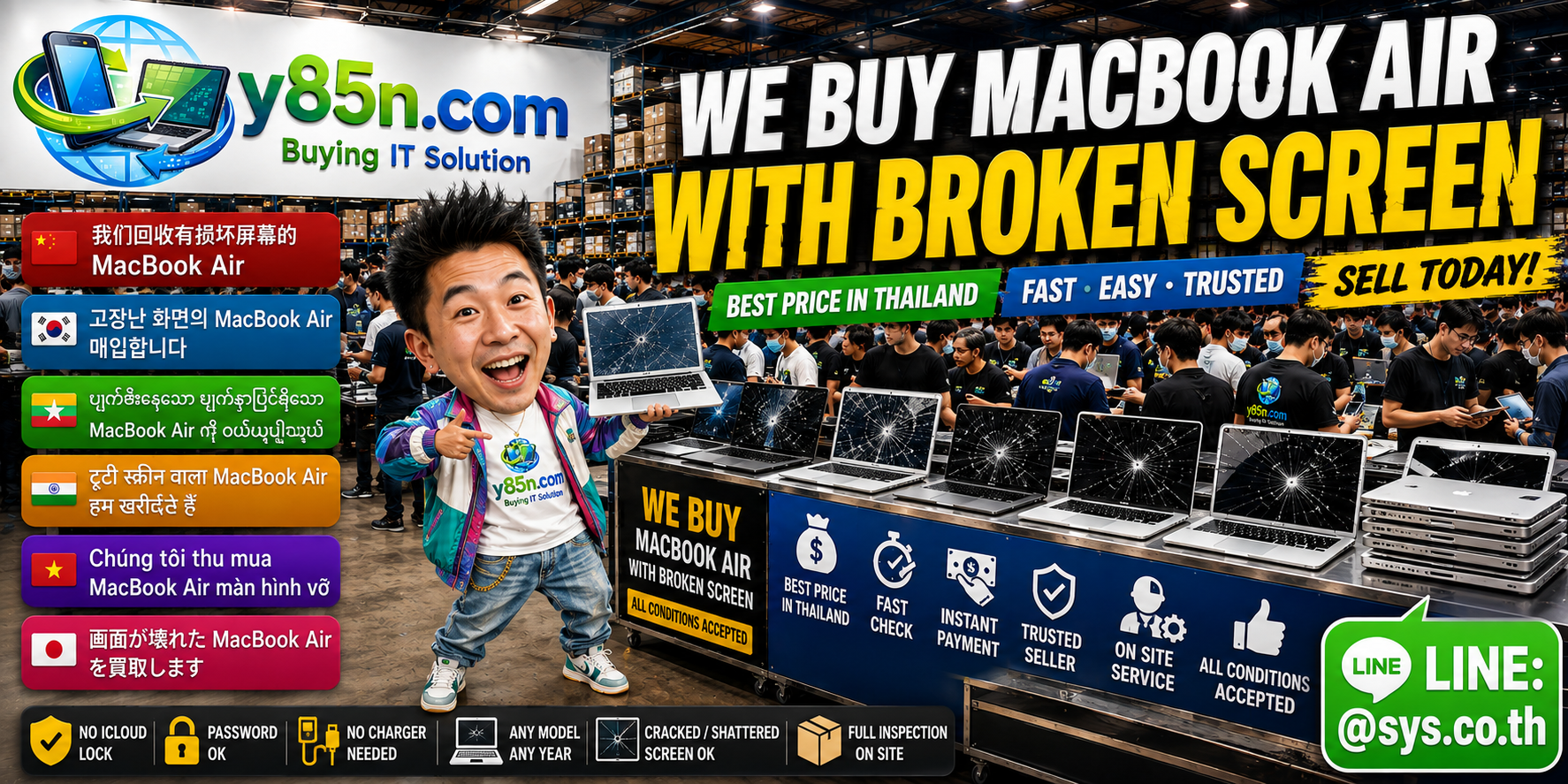 Y85N.com buying a MacBook Air with a broken screen in a busy Thailand IT warehouse