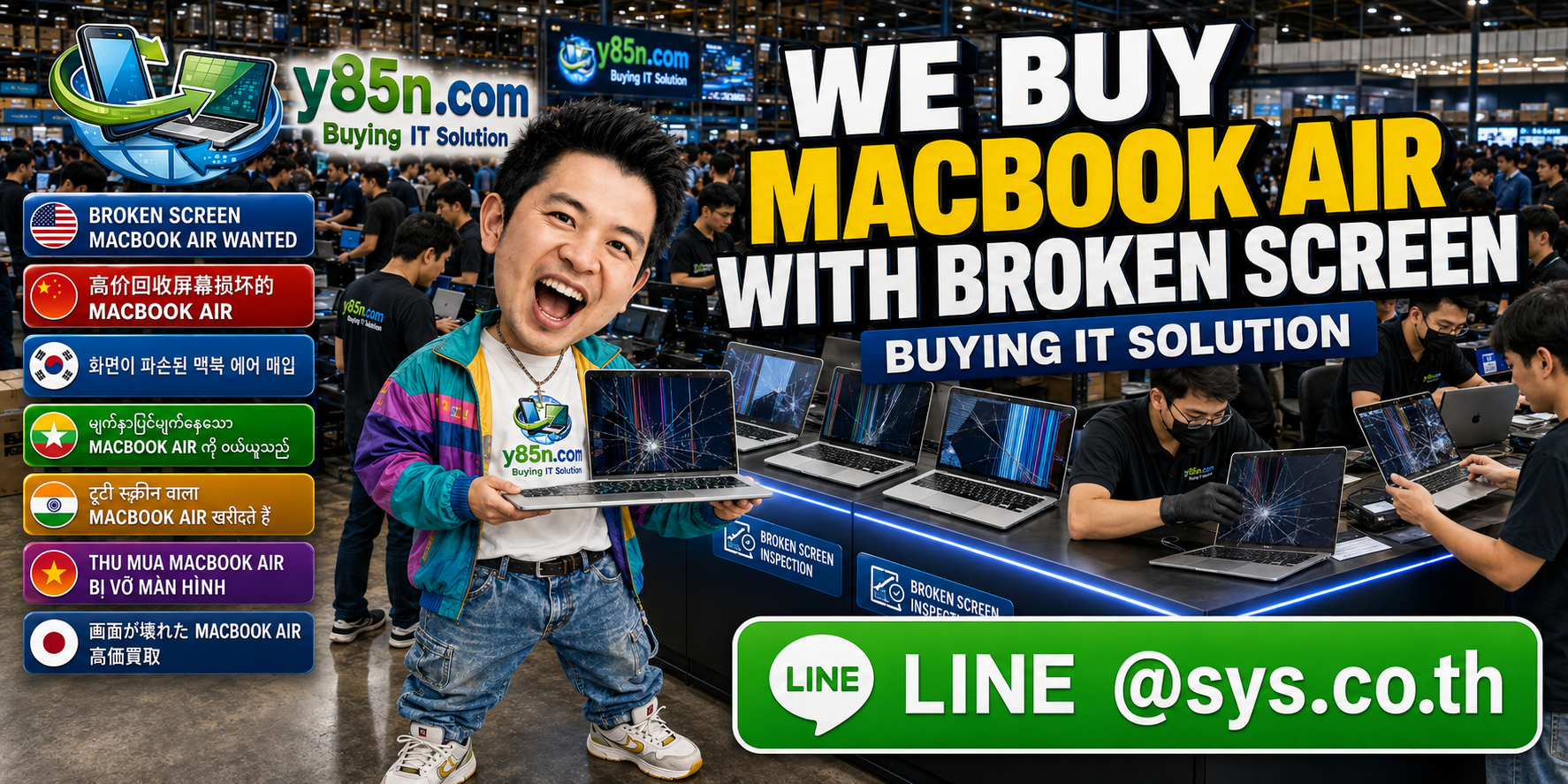 Y85N.com buying damaged MacBook Air computers with broken screens in a busy IT warehouse