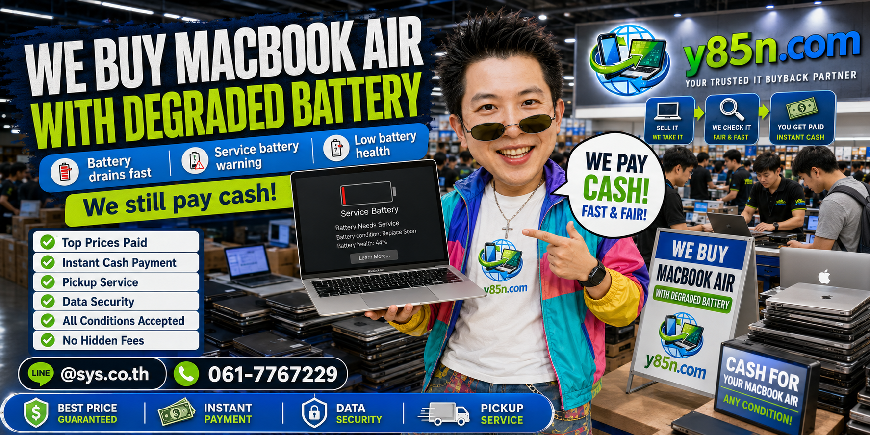 Y85N.com buying MacBook Air computers with degraded battery at a busy technology warehouse
