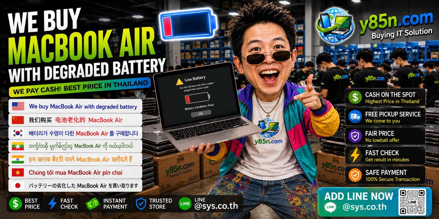 Y85N.com MacBook Air degraded battery buying service contact banner with LINE at sys.co.th