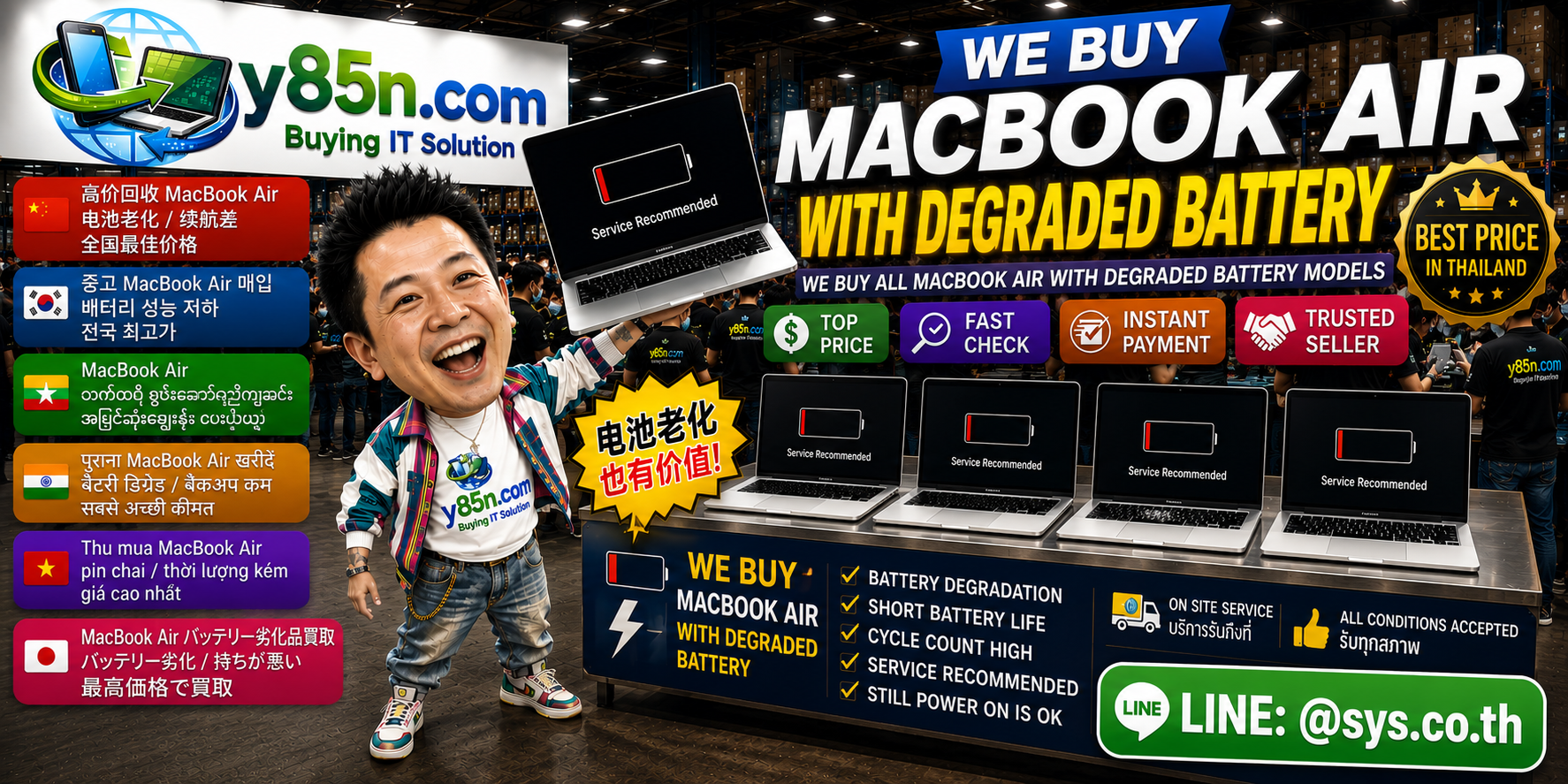 Y85N.com buying a MacBook Air with degraded battery in a busy IT warehouse in Thailand