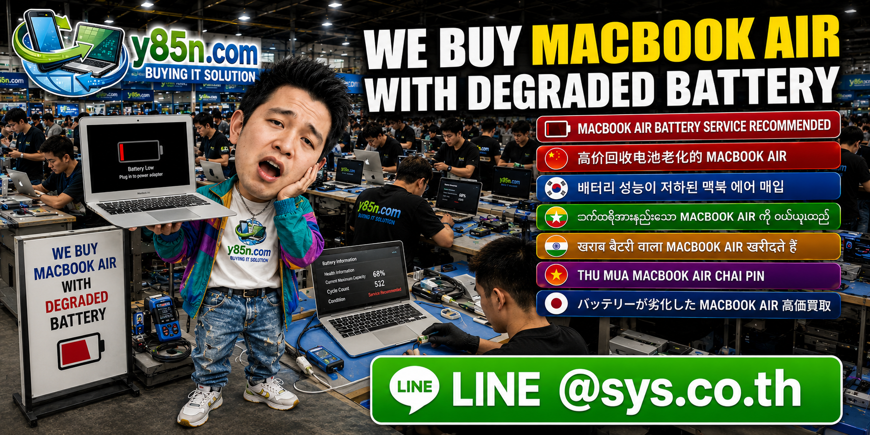Y85N.com evaluating MacBook Air computers with degraded batteries in a busy IT warehouse