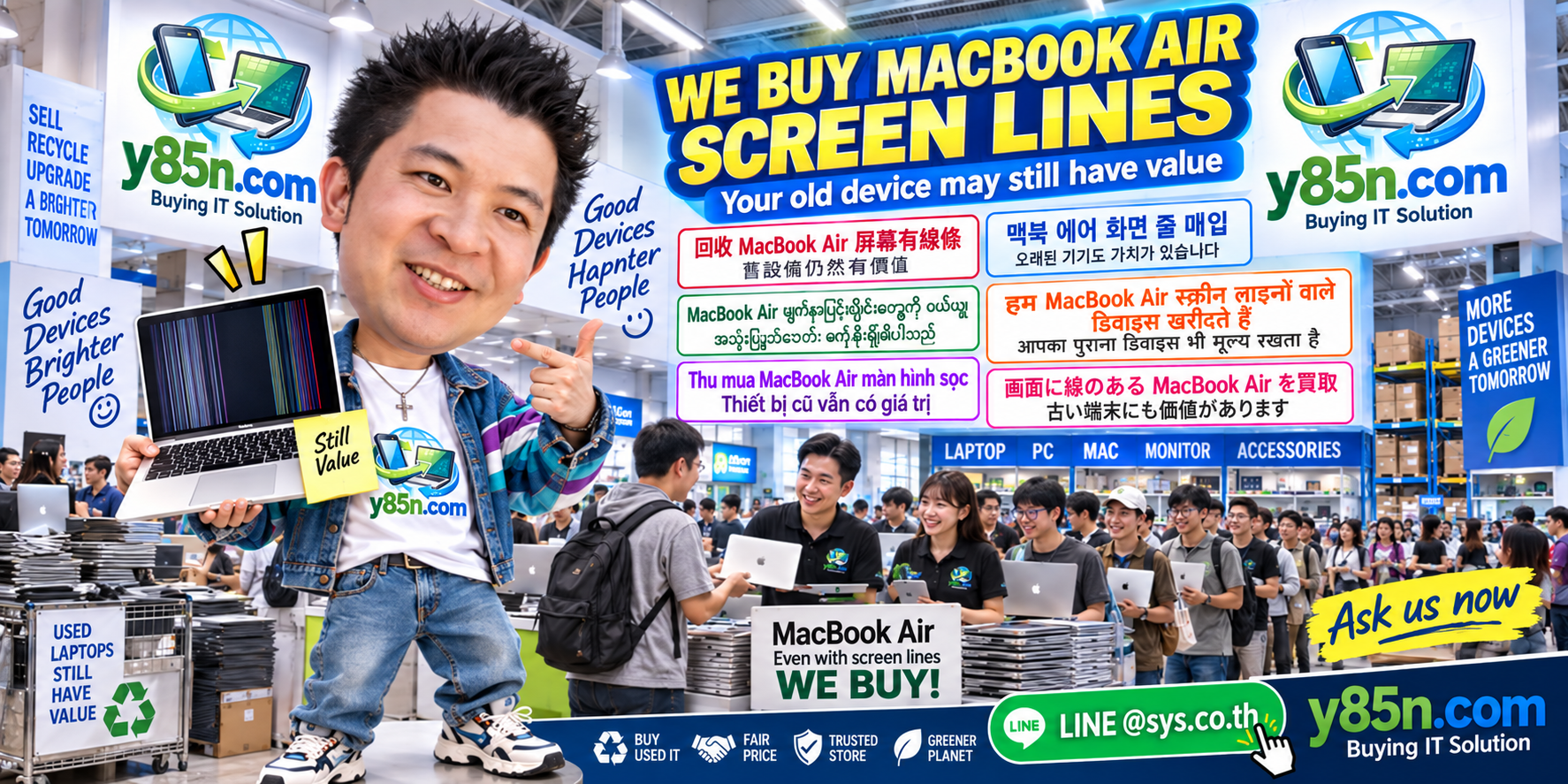 Busy Y85N.com warehouse buying MacBook Air computers with screen lines in Thailand