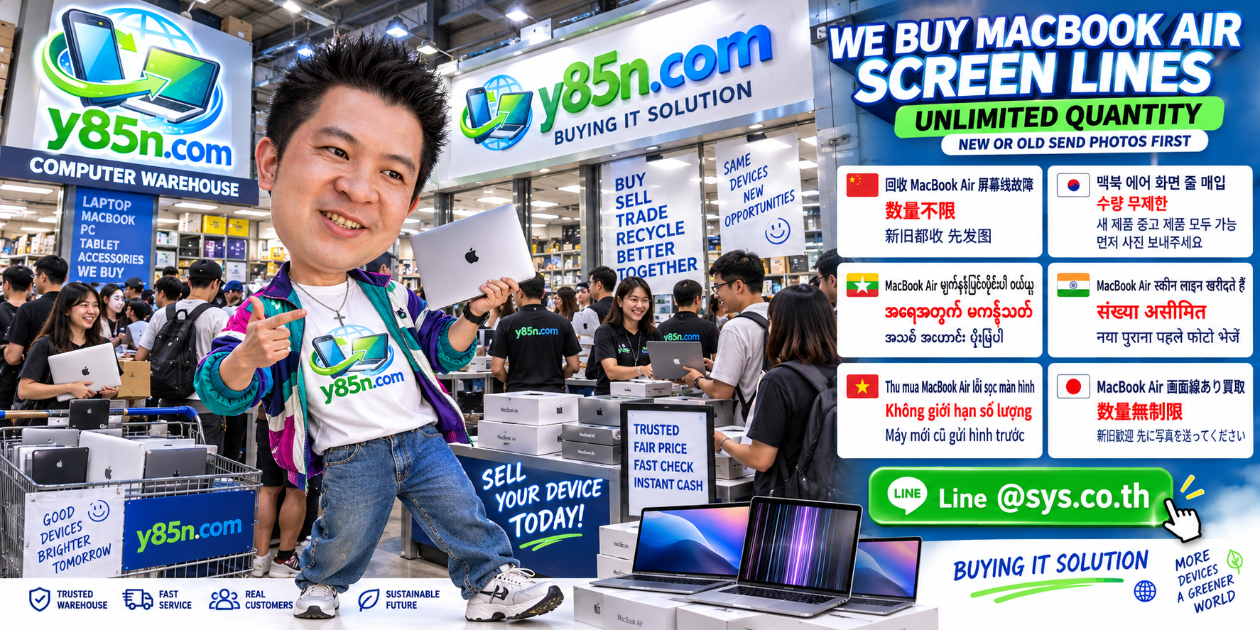 Y85N.com team and customers at a busy warehouse buying MacBook Air computers with screen lines
