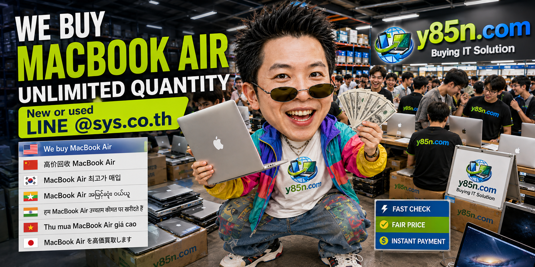 Y85N.com warehouse buying used MacBook Air with international seller service in Thailand