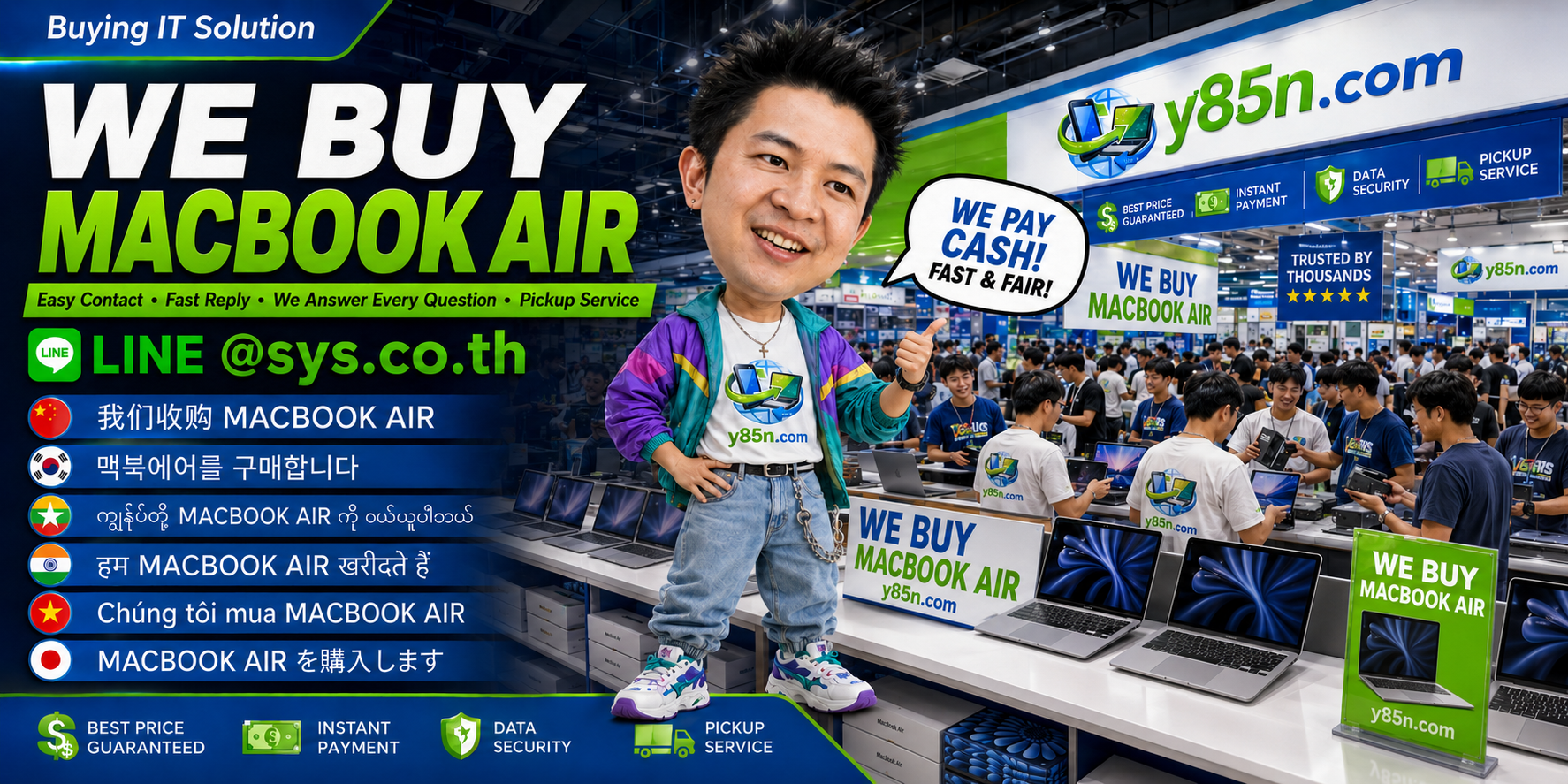 Y85N.com MacBook Air buying service contact banner with LINE at sys.co.th