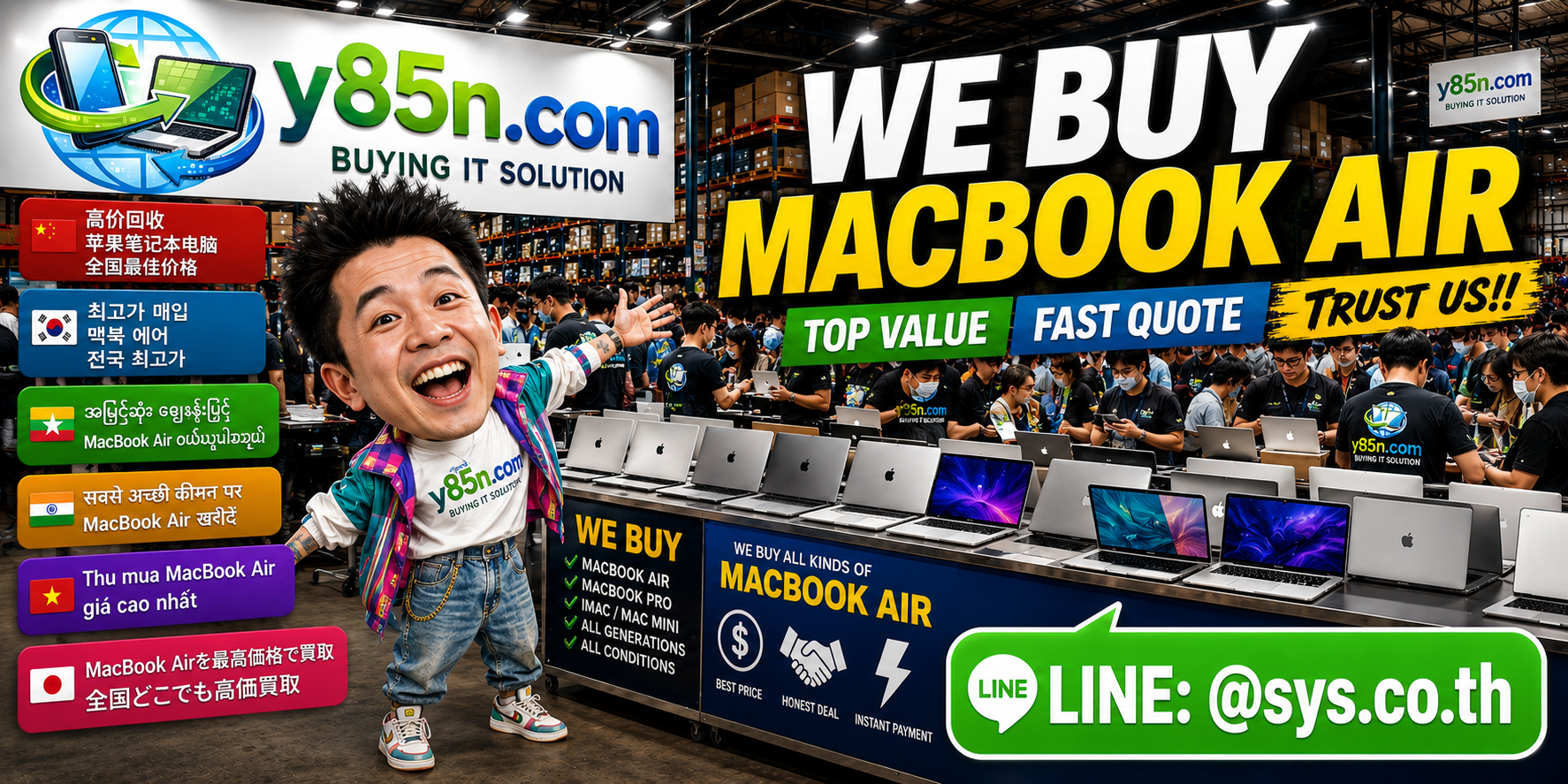 Busy Y85N.com warehouse buying used MacBook Air in Thailand