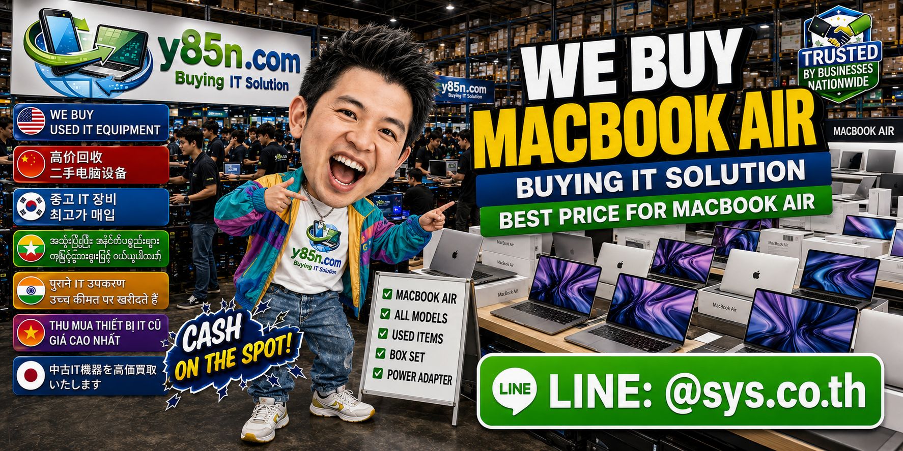 Y85N.com team and customers at a busy MacBook Air buying warehouse in Thailand
