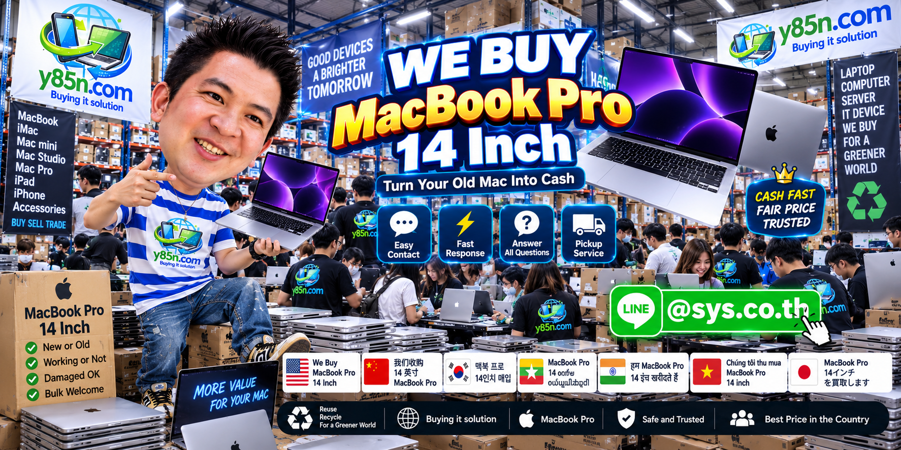 Y85N.com MacBook Pro 14 Inch buying contact banner with LINE at sys.co.th