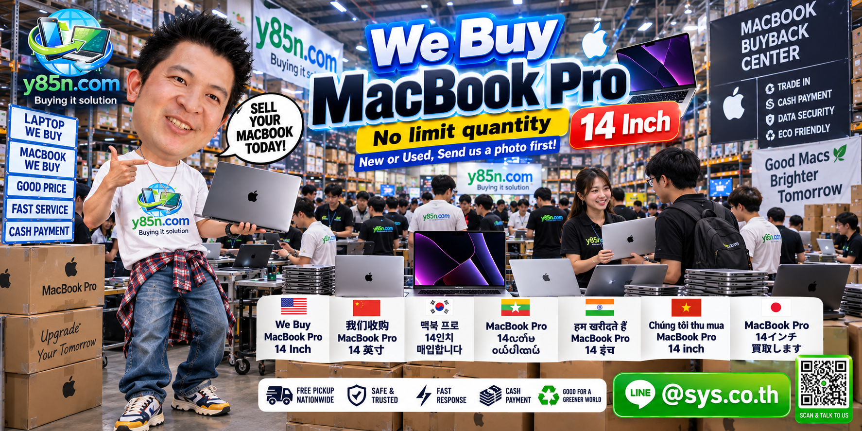 Y85N.com MacBook Pro 14 Inch buyers and sellers in a busy computer warehouse in Thailand