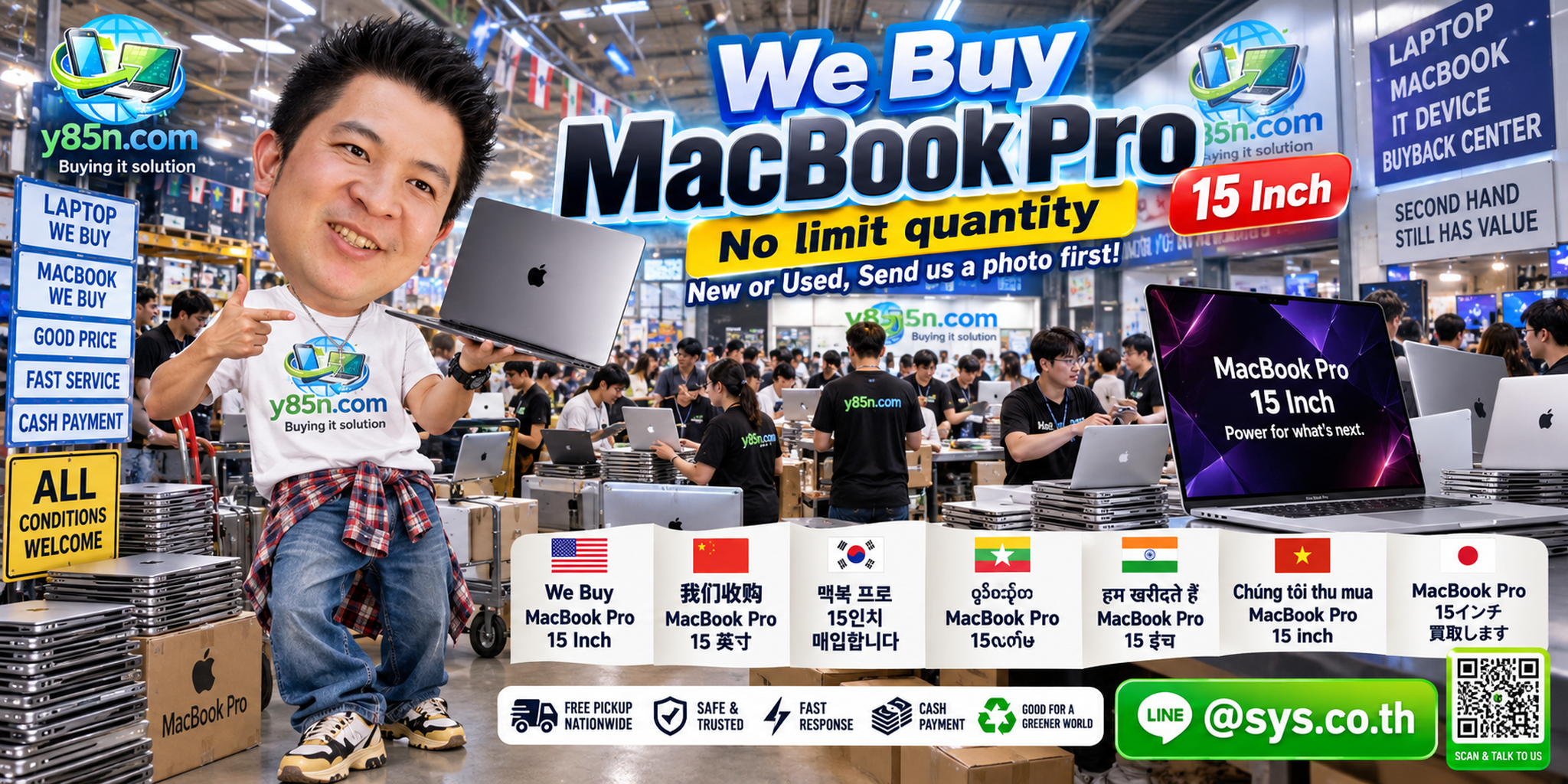 Y85N.com team and customers at a busy MacBook Pro 15 inch buying warehouse