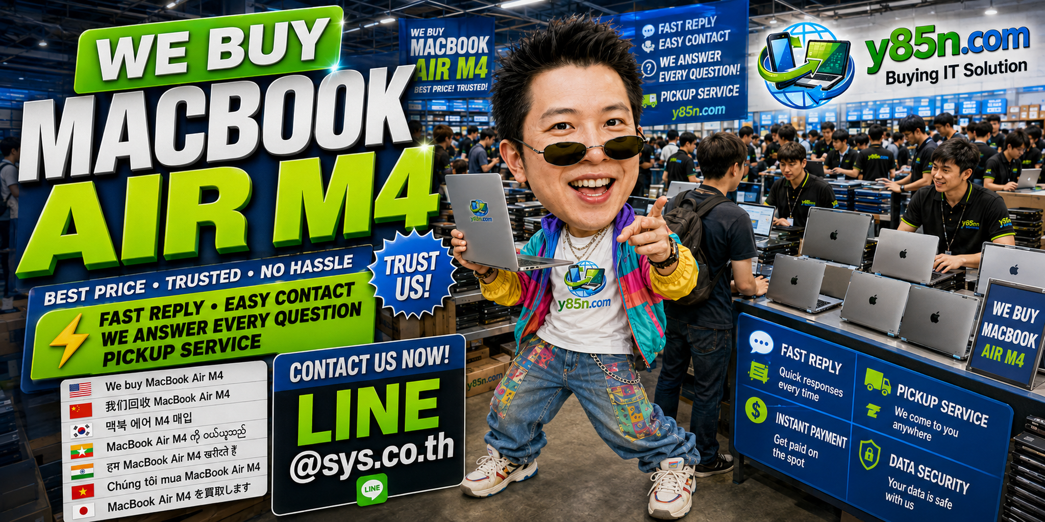 Y85N.com MacBook buying contact banner with LINE sys.co.th